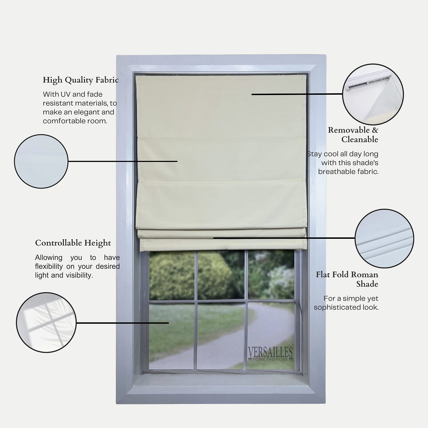 Versailles - Cordless Roman Shade, Octavia Collection, Darkening Fabric, 36" x 63", Ivory