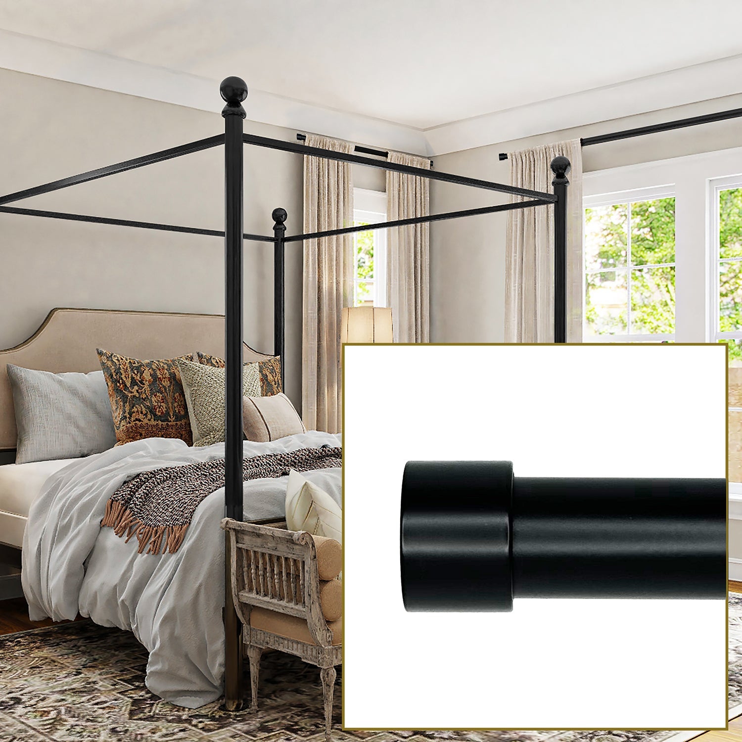 Versailles - Esencial Kepi Curtain Rod Set, Adjustable Length From 72" to 144", Black