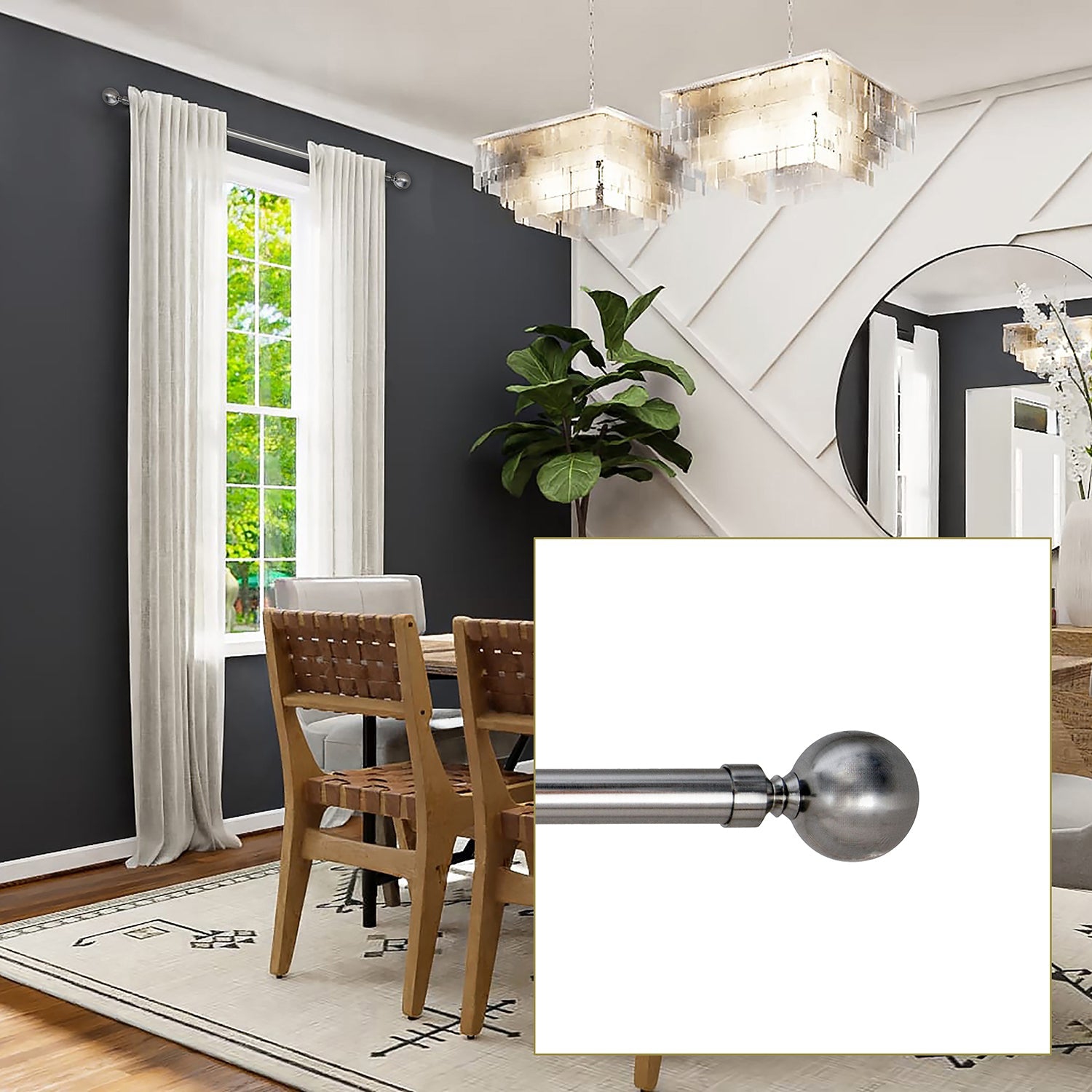 Versailles - Lexington Ball Curtain Rod Set, Adjustable Length from 28" to 48", Silver