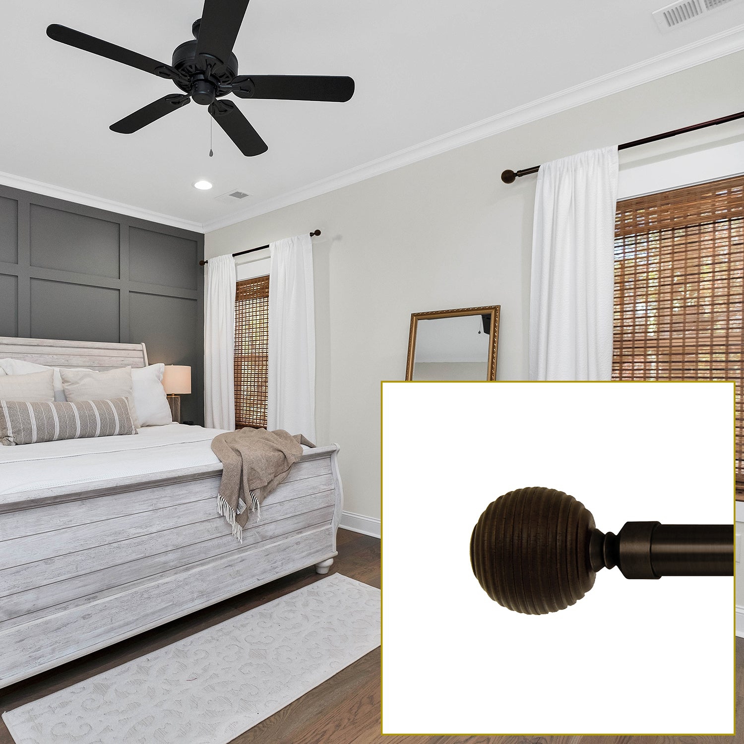 Versailles - Vivendi Ribbed Ball Curtain Rod Set, Adjustable Length from 36" to 66", Brown