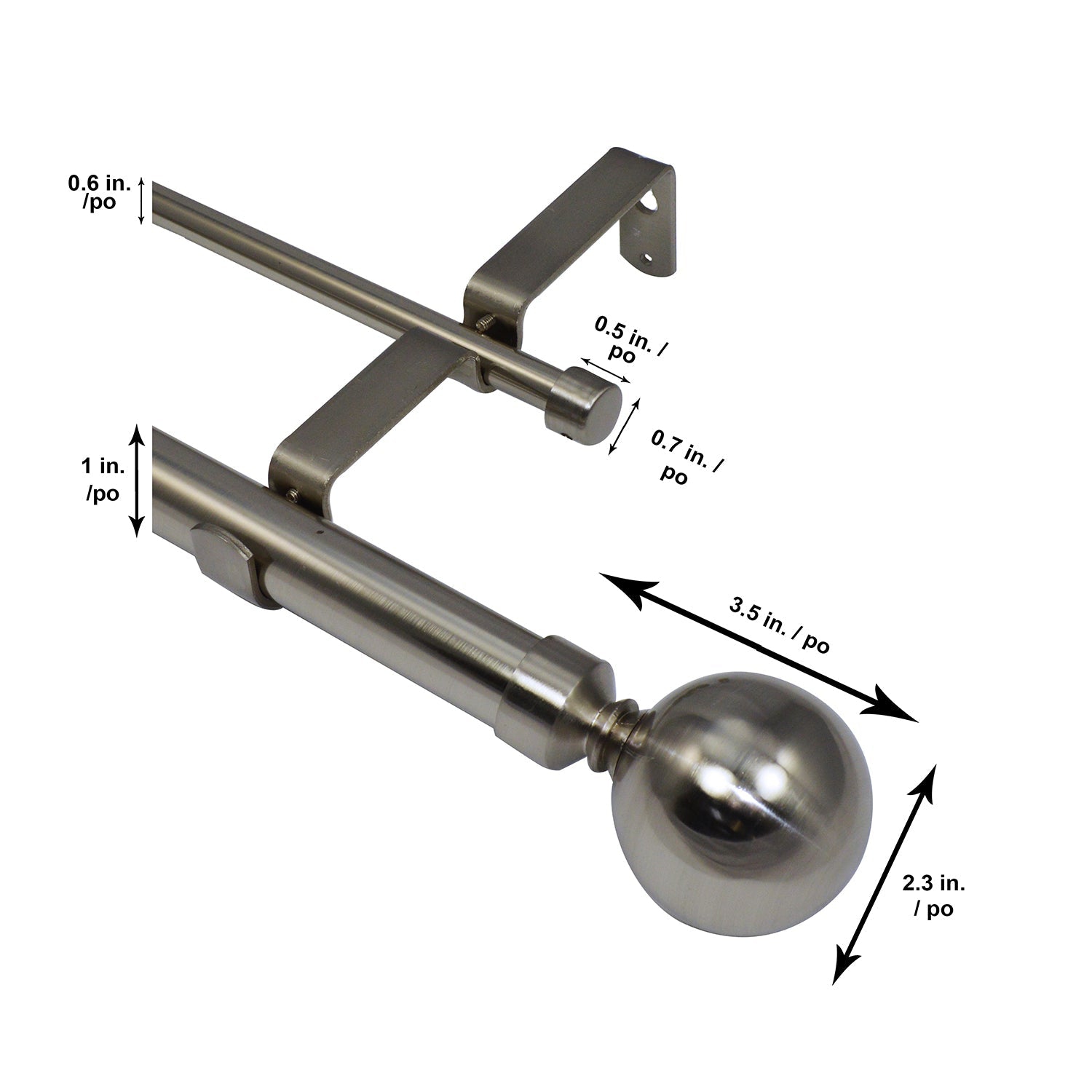 Versailles - Imperial Ball Double Curtain Rod Set, Adjustable Length from 32" to 86", Silver