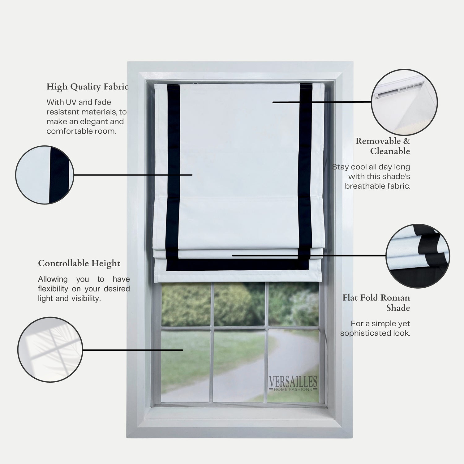 Versailles – Abat-jour romain sans cordon, collection Valentina, tissu assombrissant, 32 x 63&nbsp;po, noir