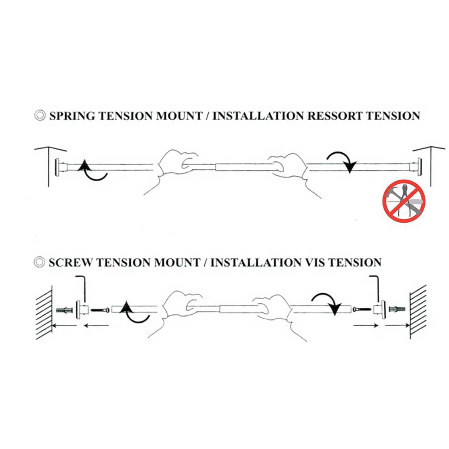 Versailles - DUO Stainless Steel Tension Curtain Rod, Indoor/Outdoor, Adjustable Length from 28" to 48", Silver