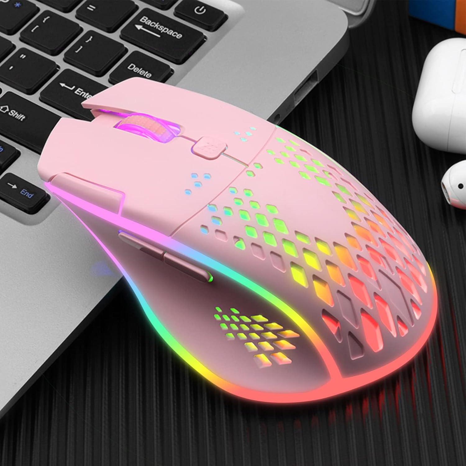 RisoPhy Wireless Gaming Mouse, C30 Silent Click Wireless Rechargeable Gaming Mouse with Double-Click Key and Colorful LED Lights, 3 Level Adjustable
