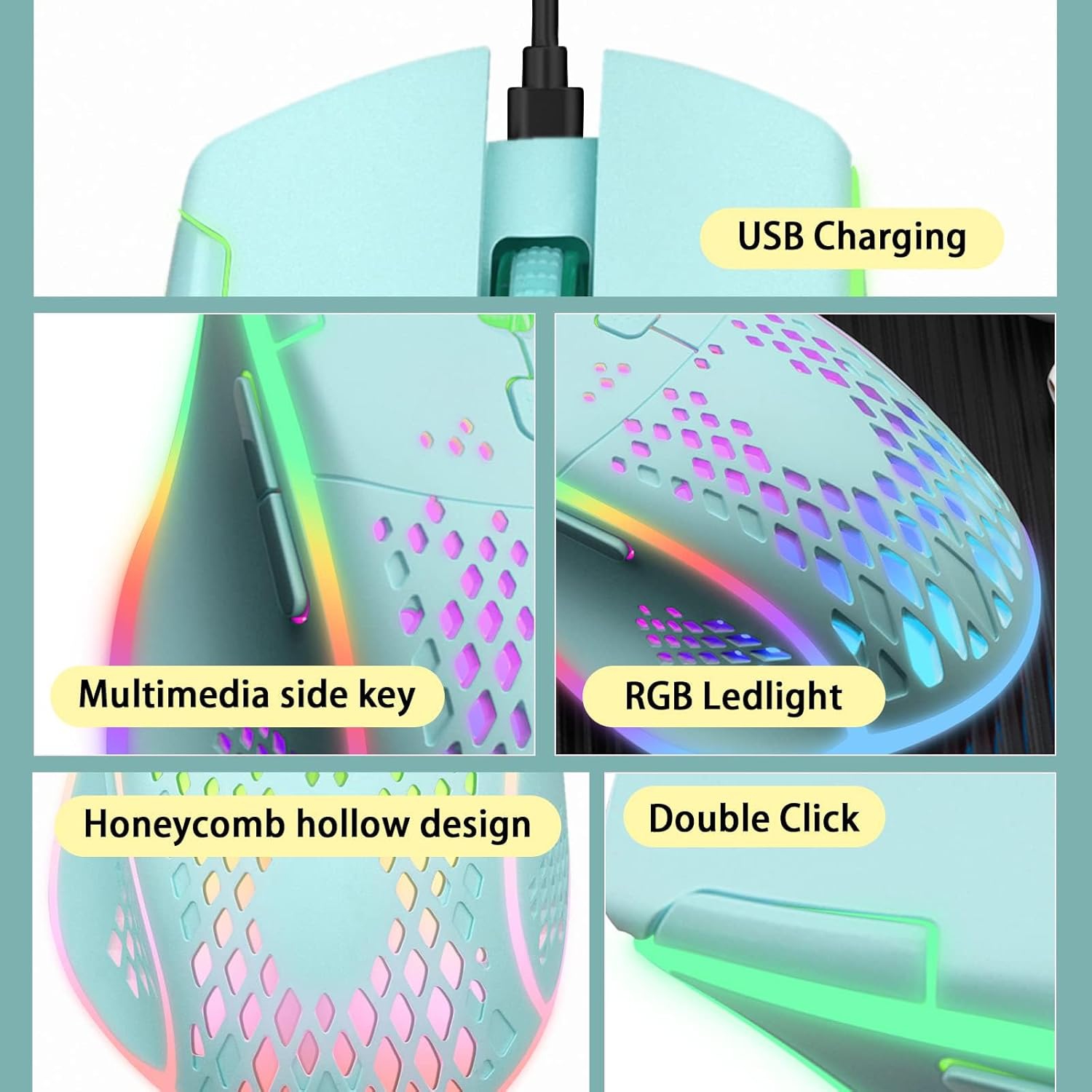 Souris de jeu sans fil RisoPhy, souris de jeu sans fil rechargeable Silent Click C30 avec touche double clic et lumières LED colorées, 3 niveaux de