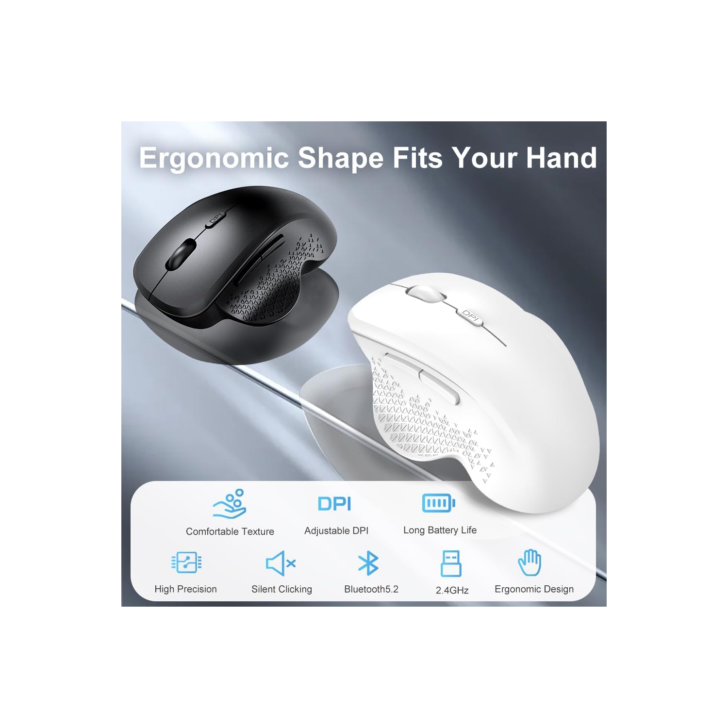 RisoPhy Wireless Mouse, 2.4GHz Bluetooth Mouse for Laptop, Ergonomic Computer Mouse with USB Receiver, Rechargeable Portable PC Mouse Wireless for