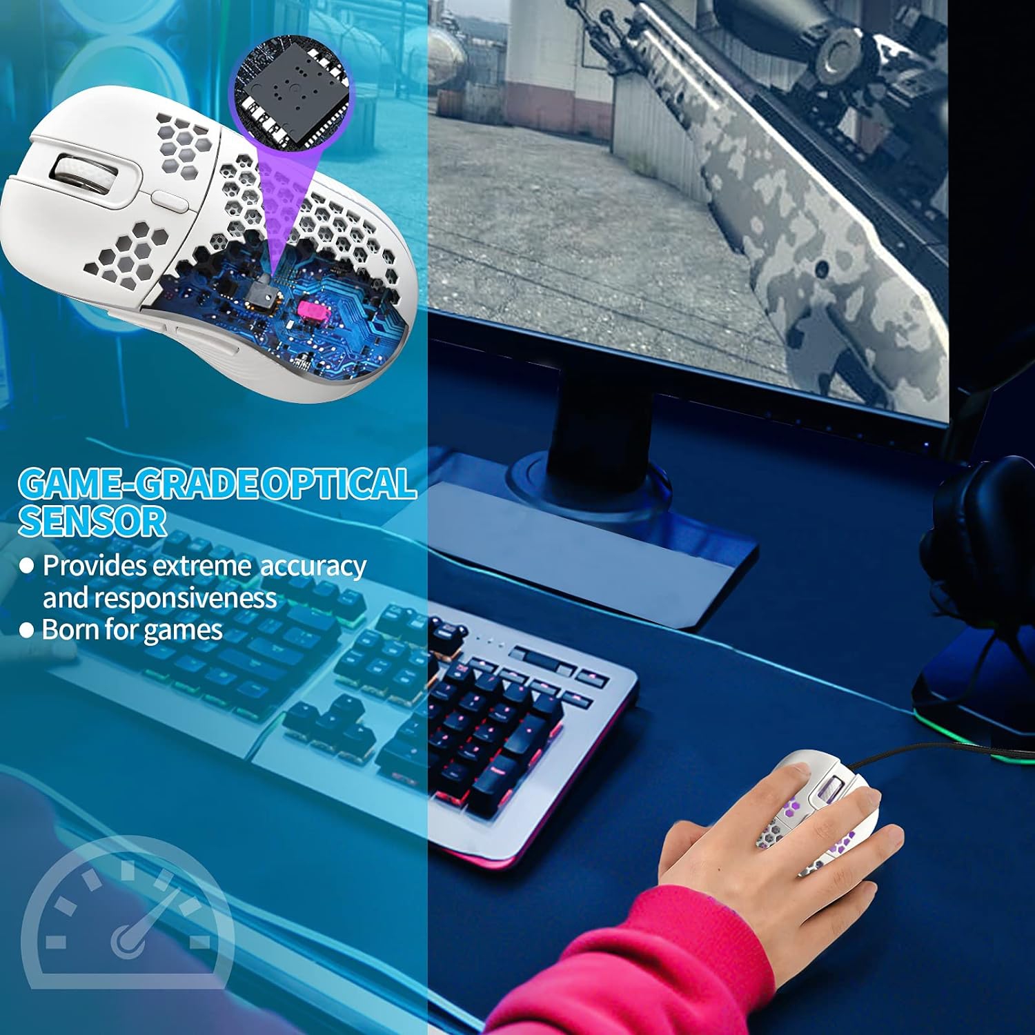 RisoPhy Honeycomb Wired Gaming Mouse, RGB Backlight and 7200 Adjustable DPI, Ergonomic and Lightweight USB Computer Mouse with High Precision Sensor