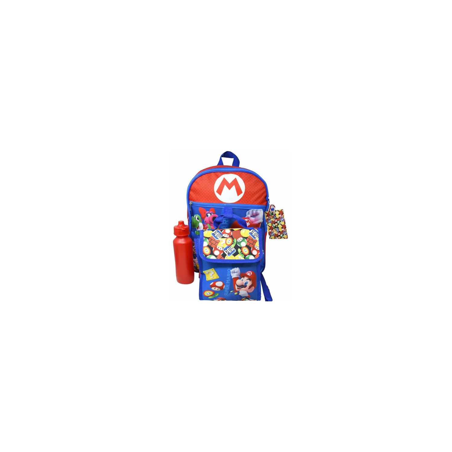 Bioworld Super Mario Red 5pc 16" Backpack Set- lunch bag, water bottle, carabiner clip & ID holder- Blue, Blue, Large, Backpack
