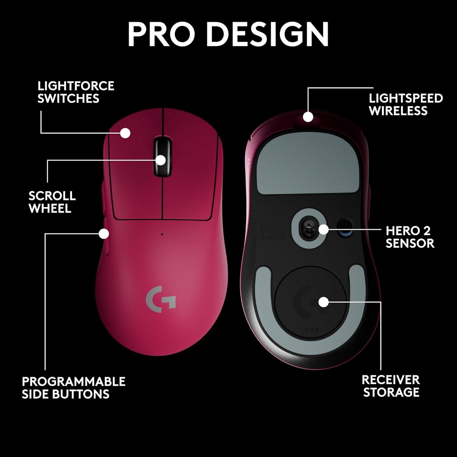 Souris sans fil de qualité professionnelle G PRO X Superlight 2 44000&nbsp;ppp 8K Polling HERO 2 Sensor 60&nbsp;g de Logitech - Magenta