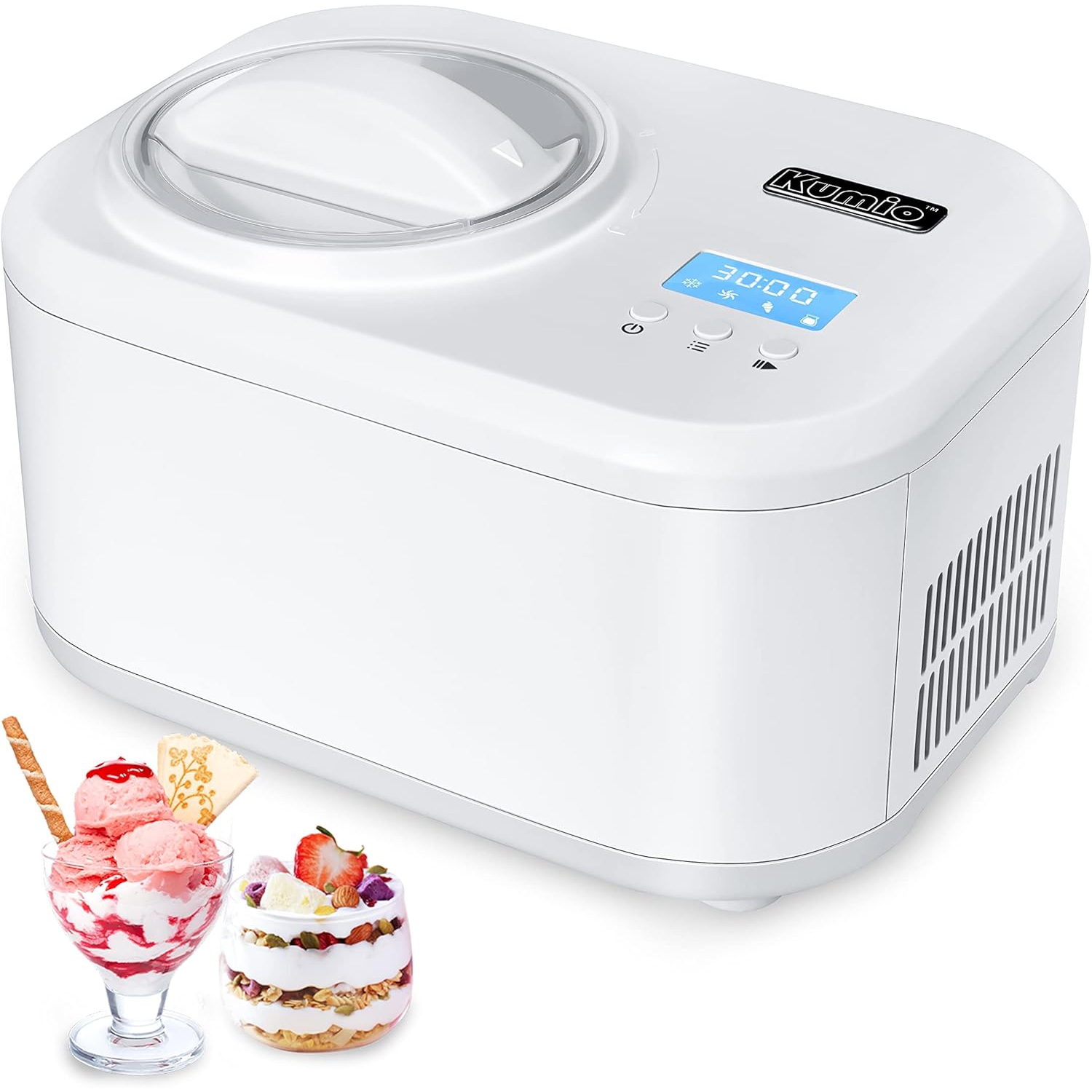 1.2-Quart Automatic Ice Cream Maker with Compressor. 4 modes for frozen yogurt, gelato, and sorbet. No pre-freezing required with an LCD display, timer, & a keep cool function.