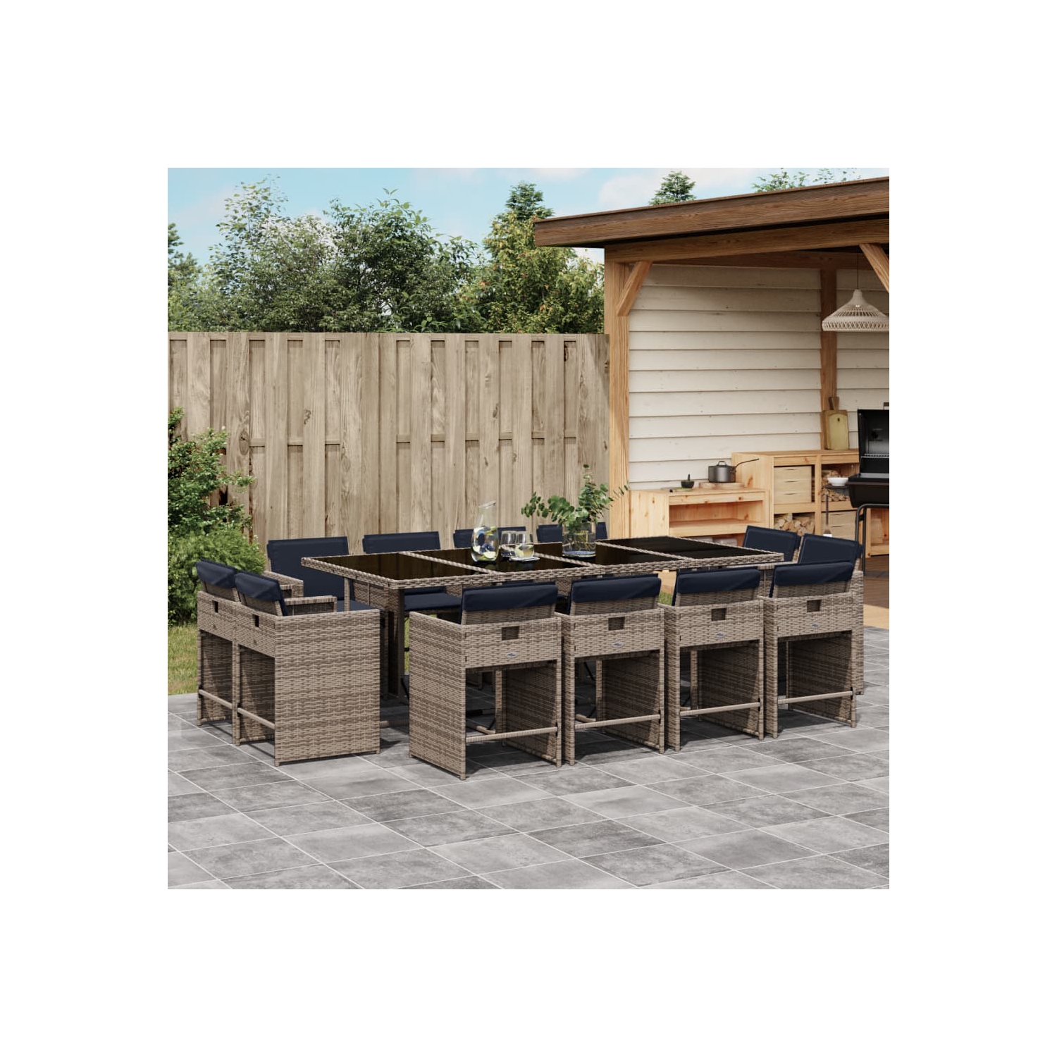 Ensemble de salle à manger de jardin vidaXL 13 pièces avec coussins en rotin synthétique gris