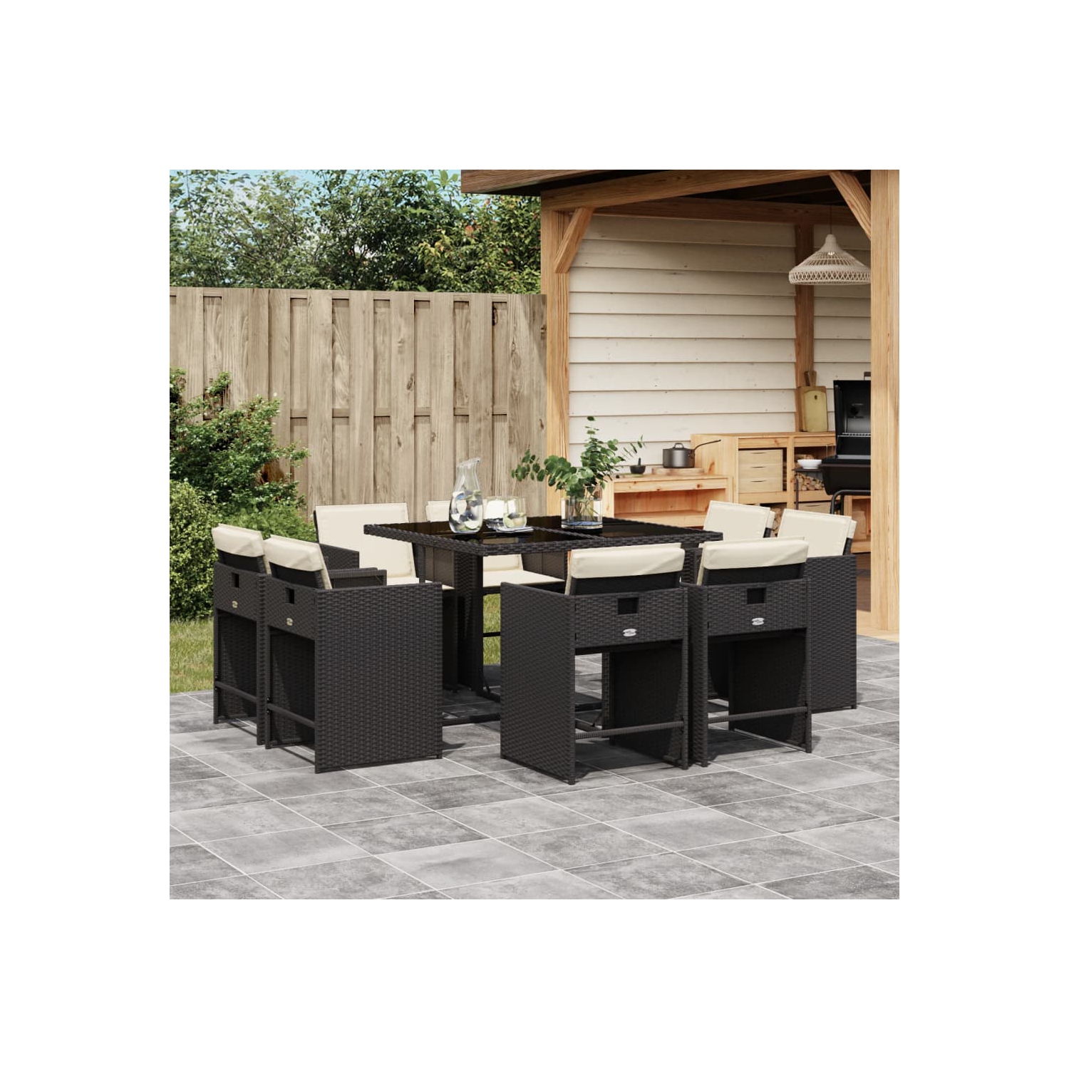 vidaXL 9 Piece Garden Dining Set with Cushions Black Poly Rattan