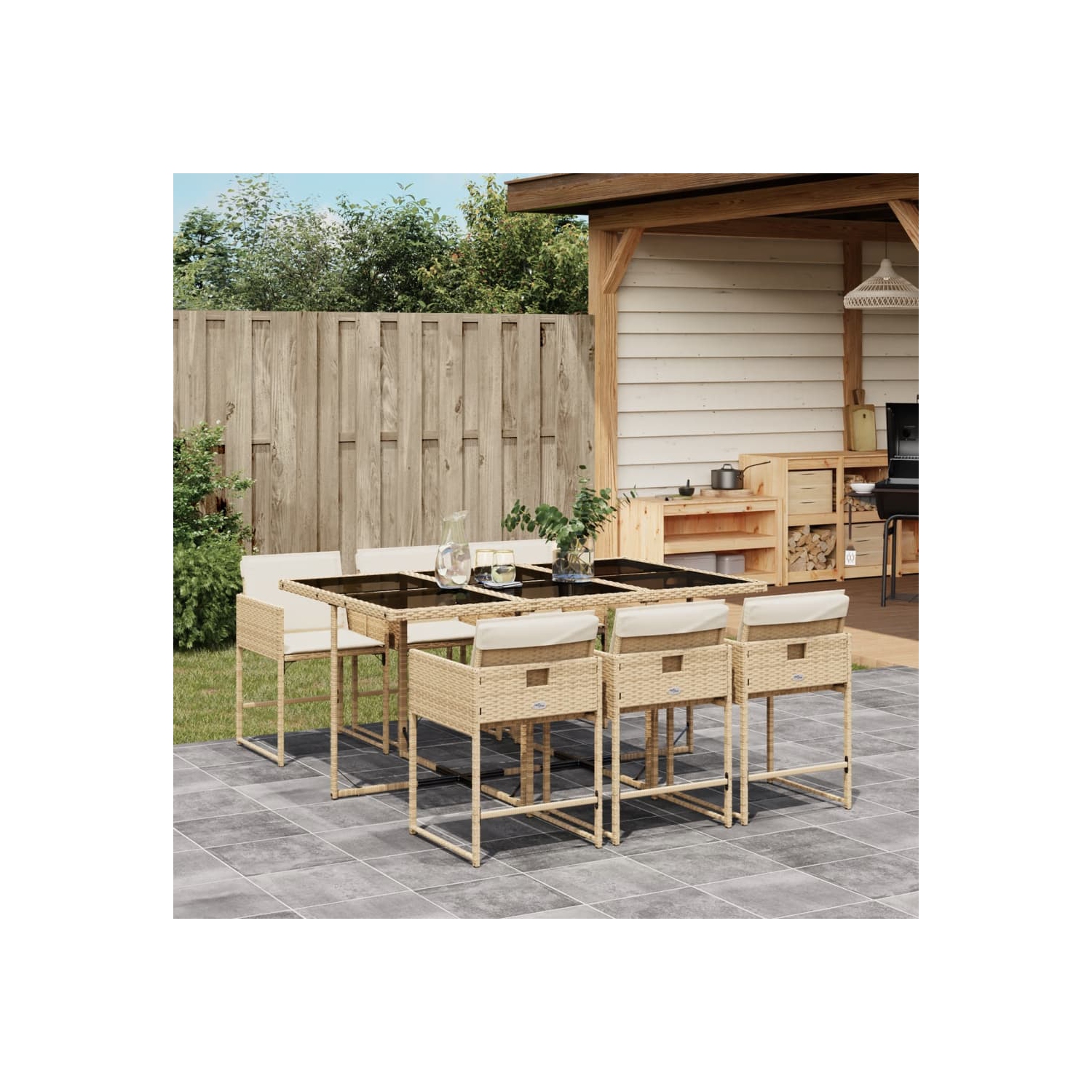 vidaXL 7 Piece Garden Dining Set with Cushions Beige Poly Rattan