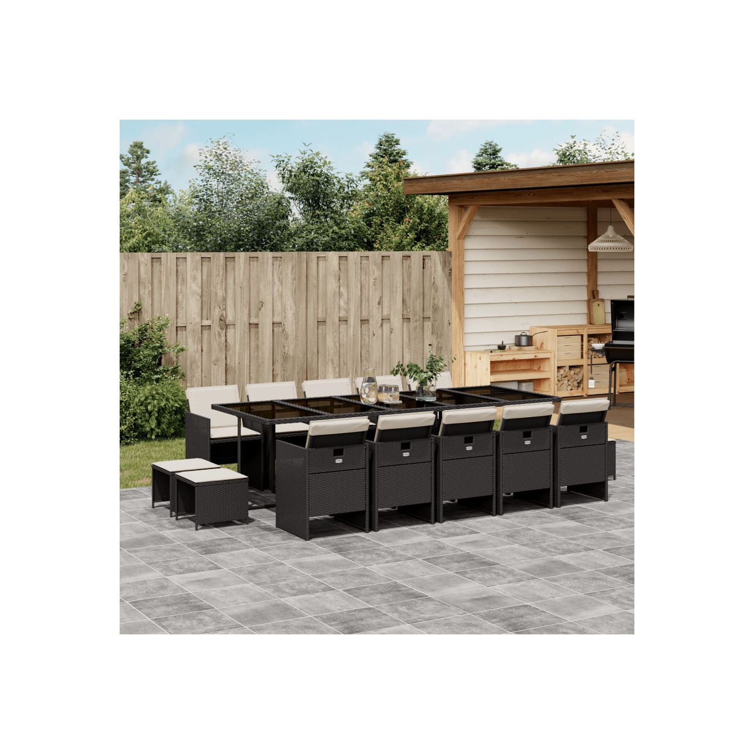 Ensemble de salle à manger 15 pièces vidaXL avec coussins en poly rotin noir