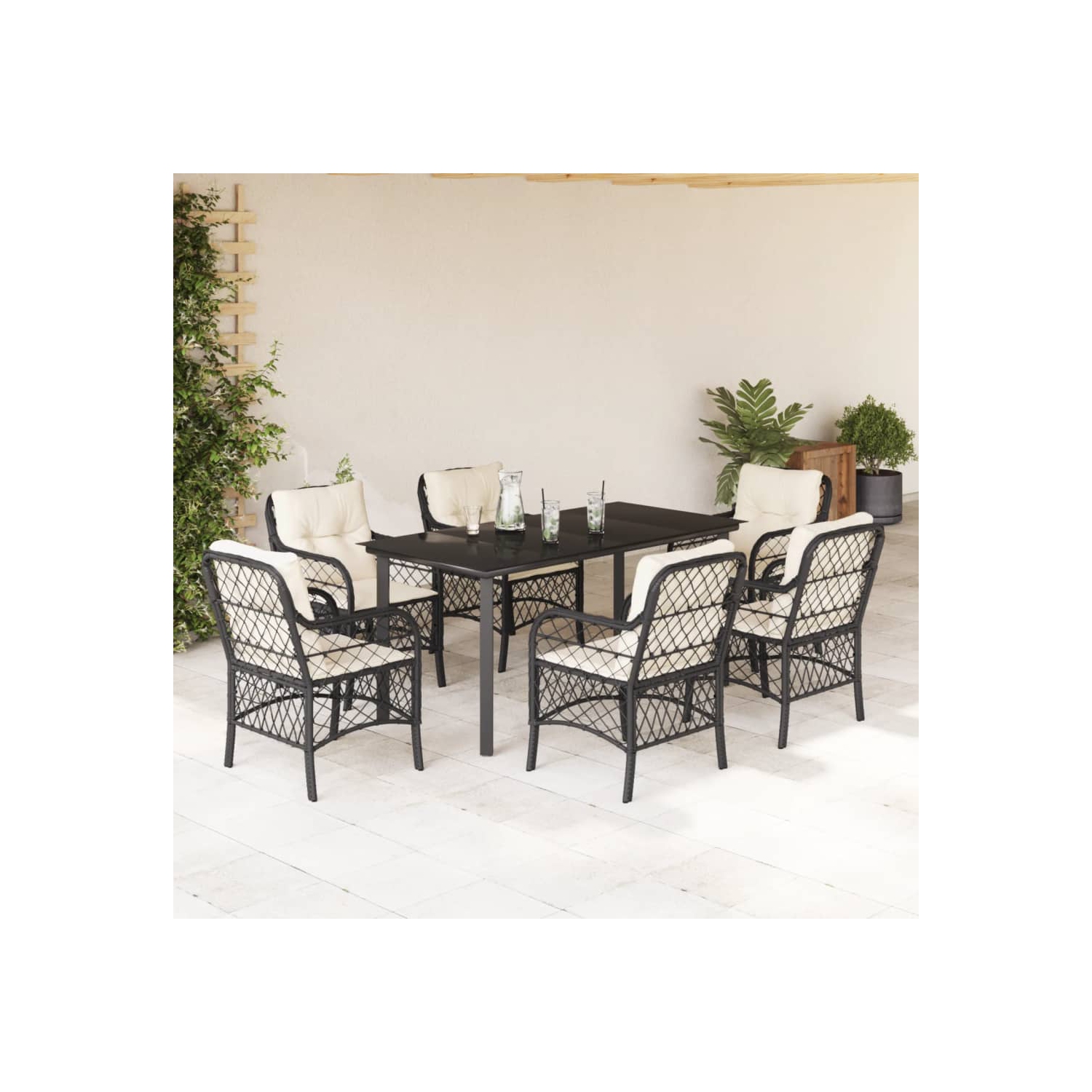 Ensemble de salle à manger 7 pièces vidaXL avec coussins en poly rotin noir