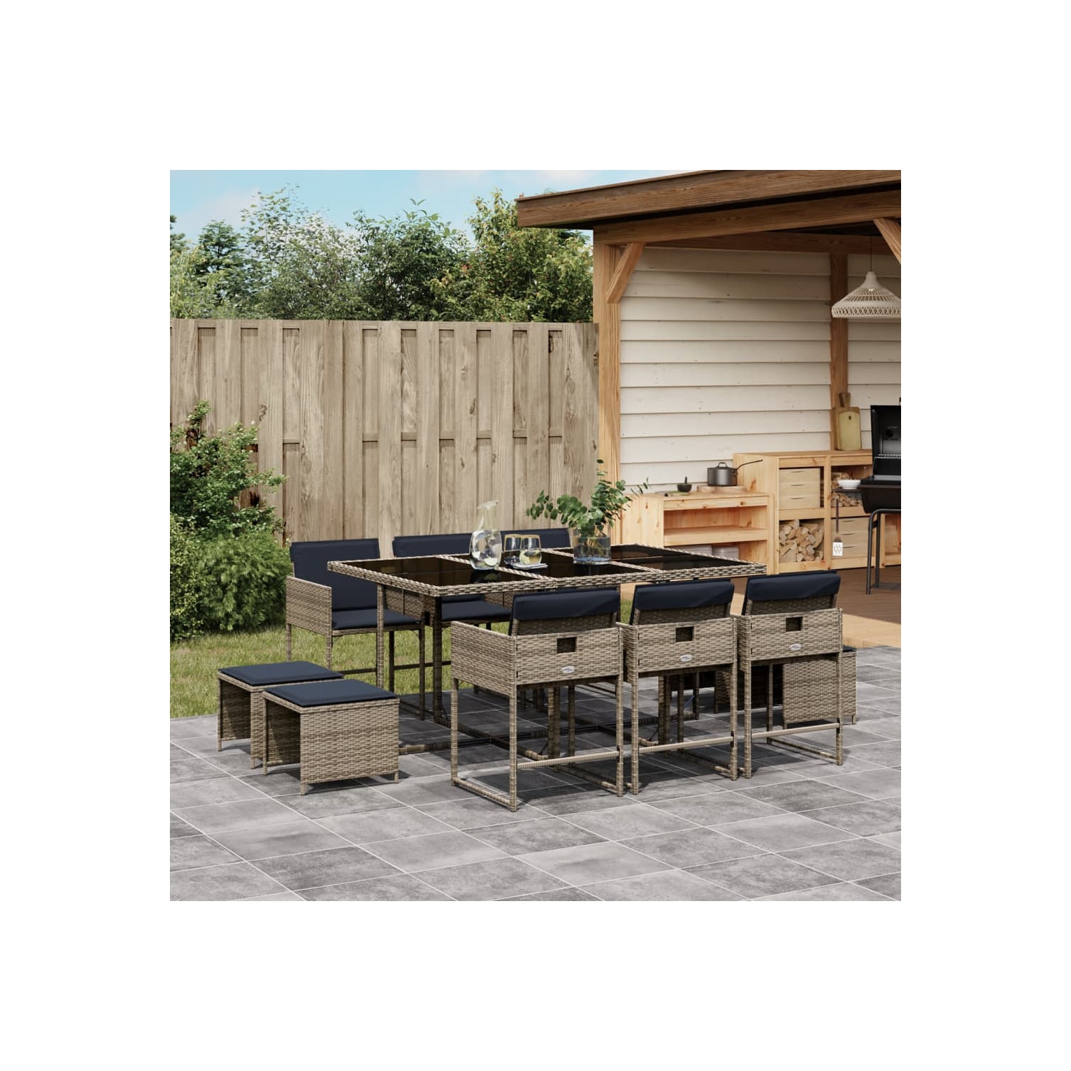 vidaXL 11 Piece Garden Dining Set with Cushions Grey Poly Rattan