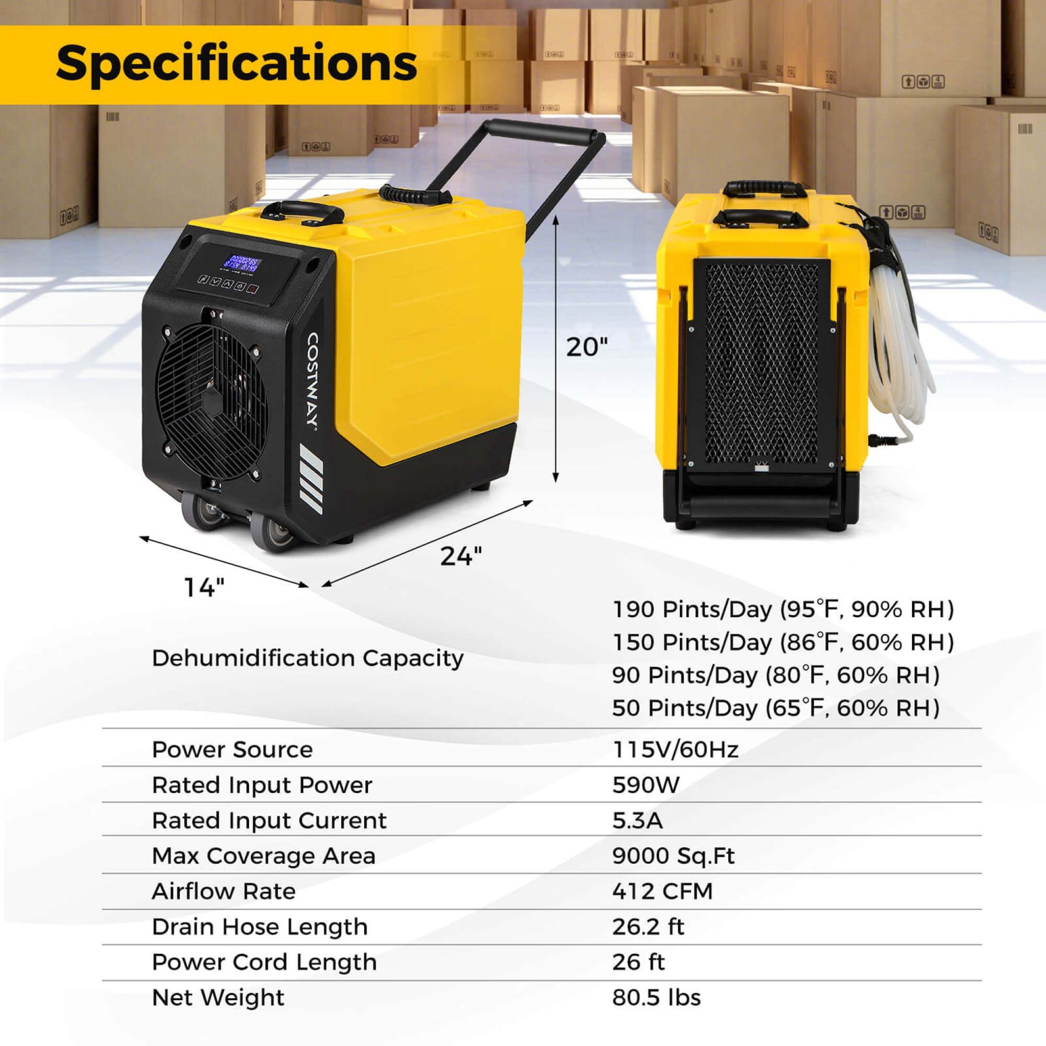 Costway 190 PPD Commercial Dehumidifier Rotational Molded Industrial Dehumidifier with Pump