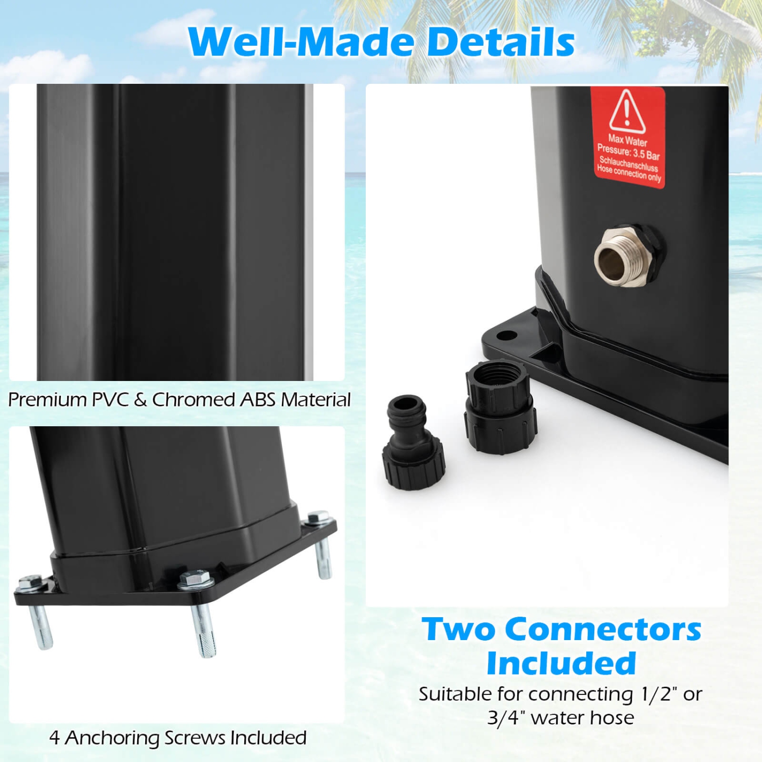 Douche extérieure solaire chauffée de 15,9 gallons avec pomme de douche et robinet de douche à pied de Costway