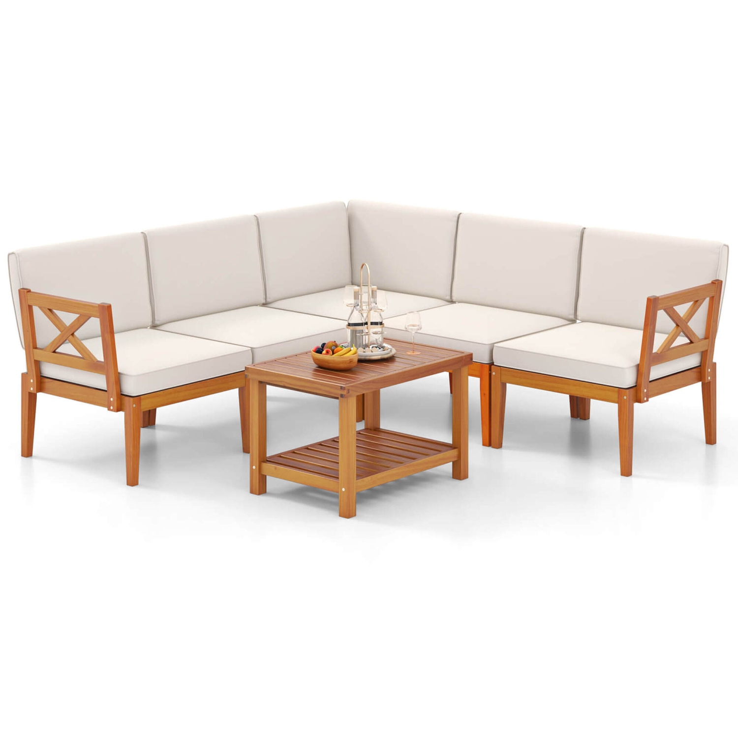 Ensemble de meubles de patio en bois d'acacia 6 PCS avec coussins et table basse à 2 niveaux de Costway