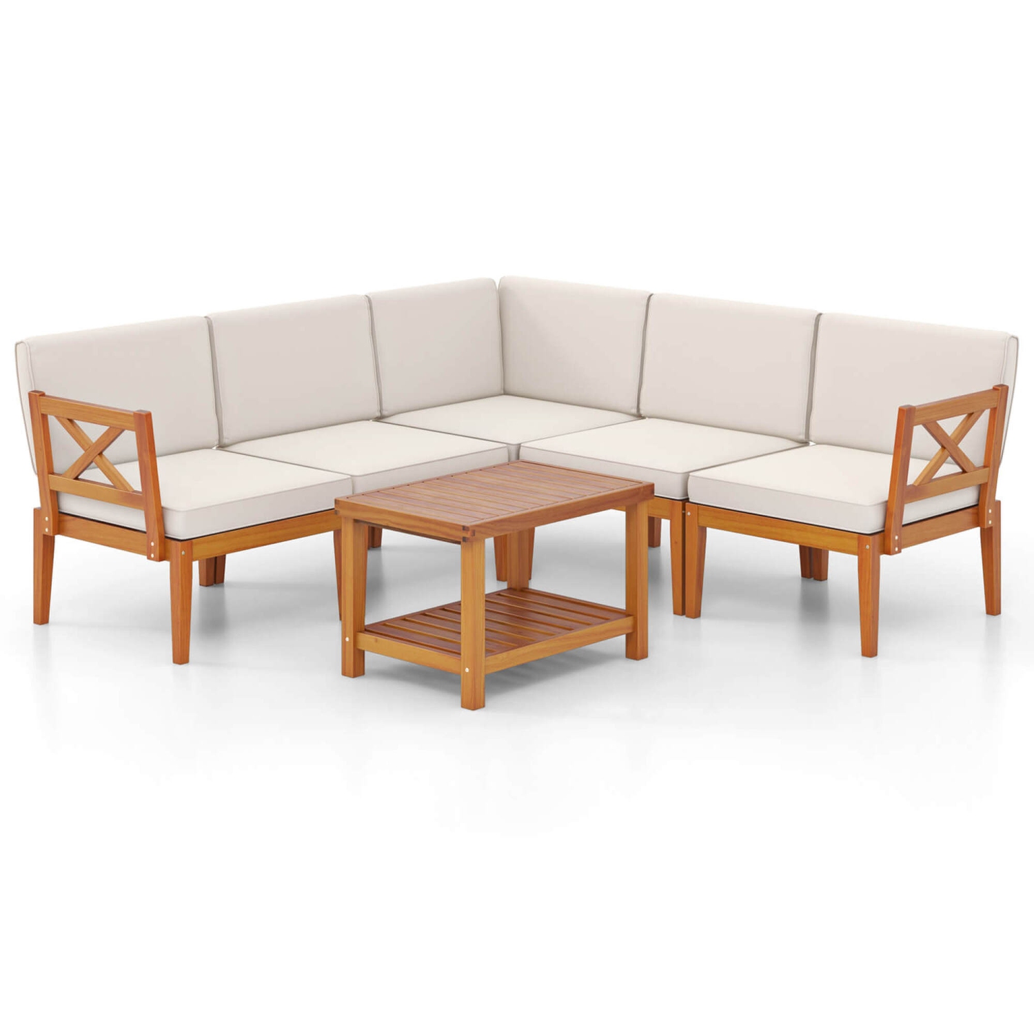 Ensemble de meubles de patio en bois d'acacia 6 PCS avec coussins et table basse à 2 niveaux de Costway