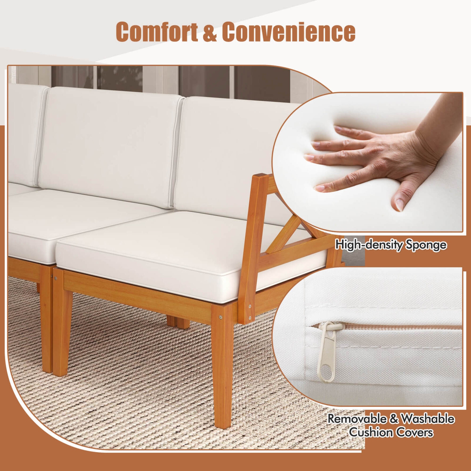 Ensemble de meubles de patio en bois d'acacia 5 PCS avec coussins et table basse à 2 niveaux de Costway