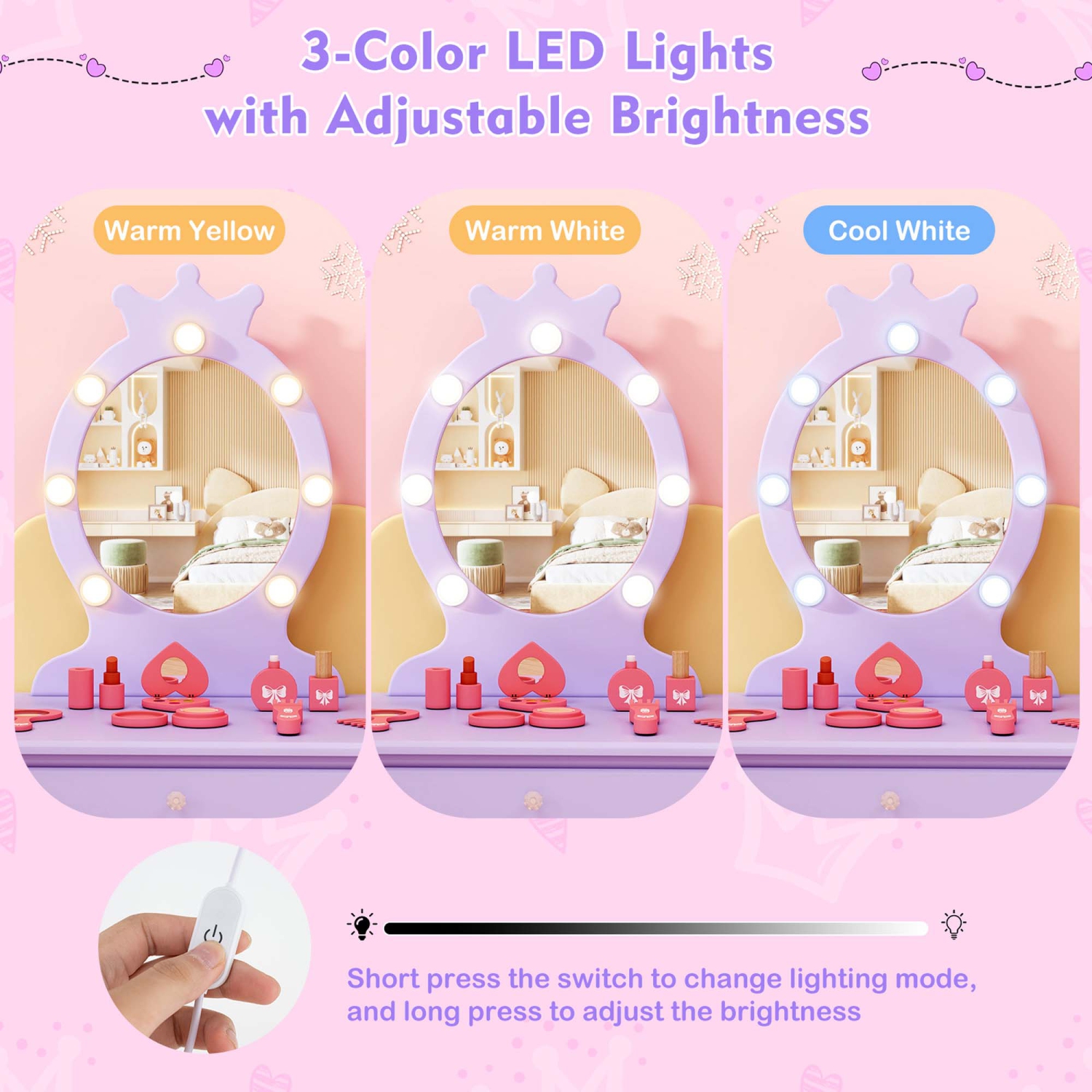 Costway Kids Vanity Set Princess Vanity Table & Chair Set with Lighted Mirror