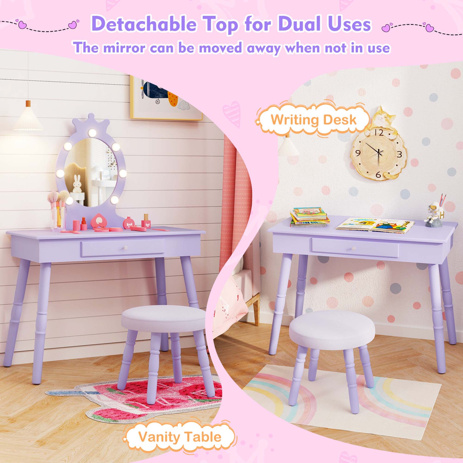 Costway Kids Vanity Set Princess Vanity Table & Chair Set with Lighted Mirror
