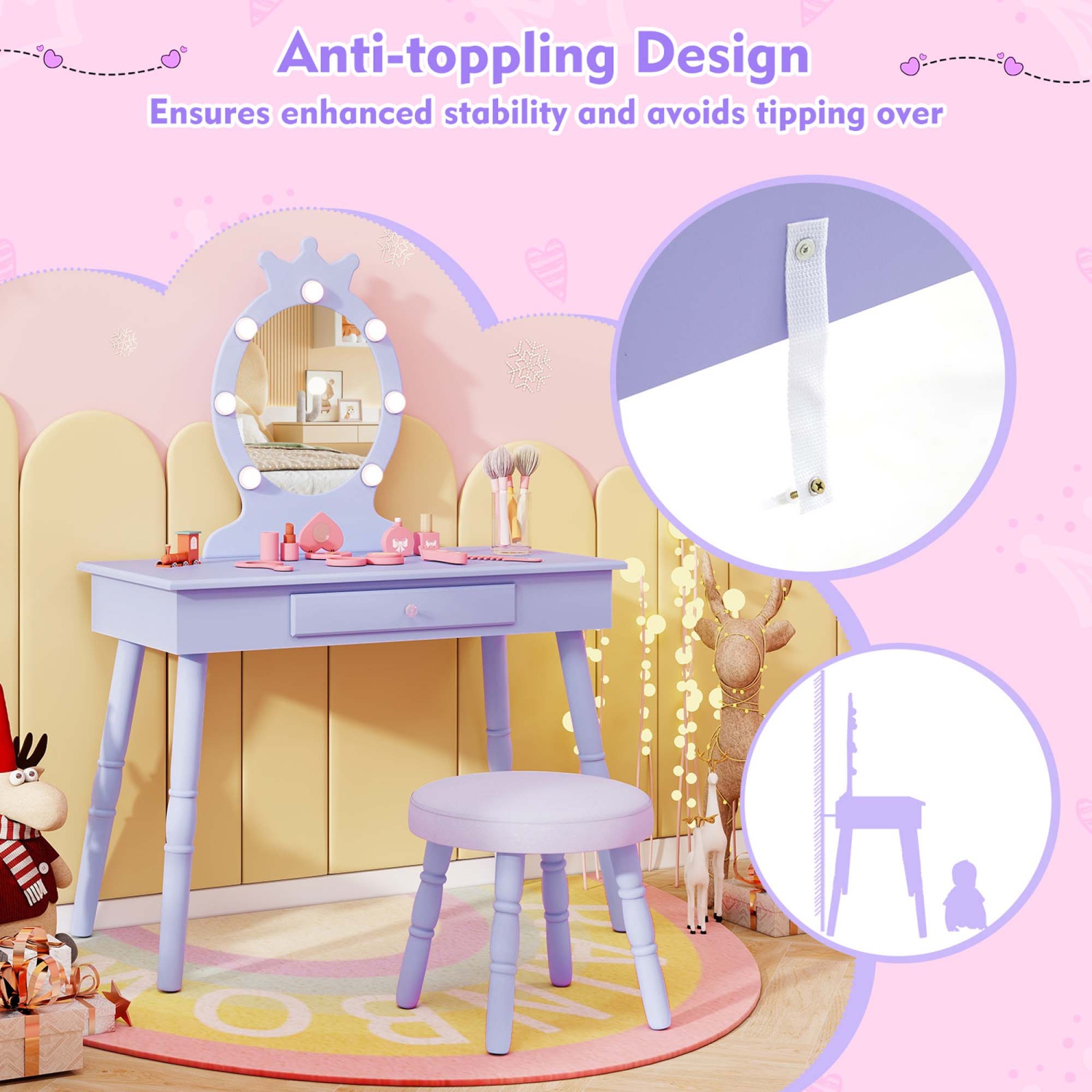 Costway Kids Vanity Set Princess Vanity Table & Chair Set with Lighted Mirror