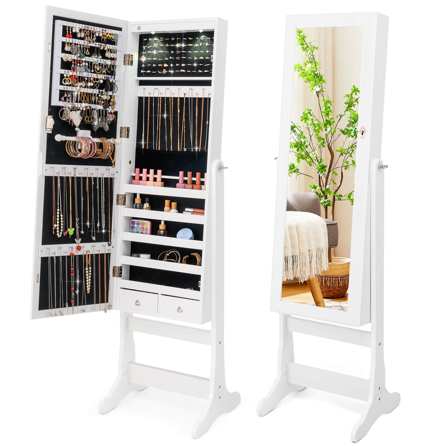 Costway Lockable Mirrored Jewelry Cabinet Armoire Organizer Storage with Stand & LED