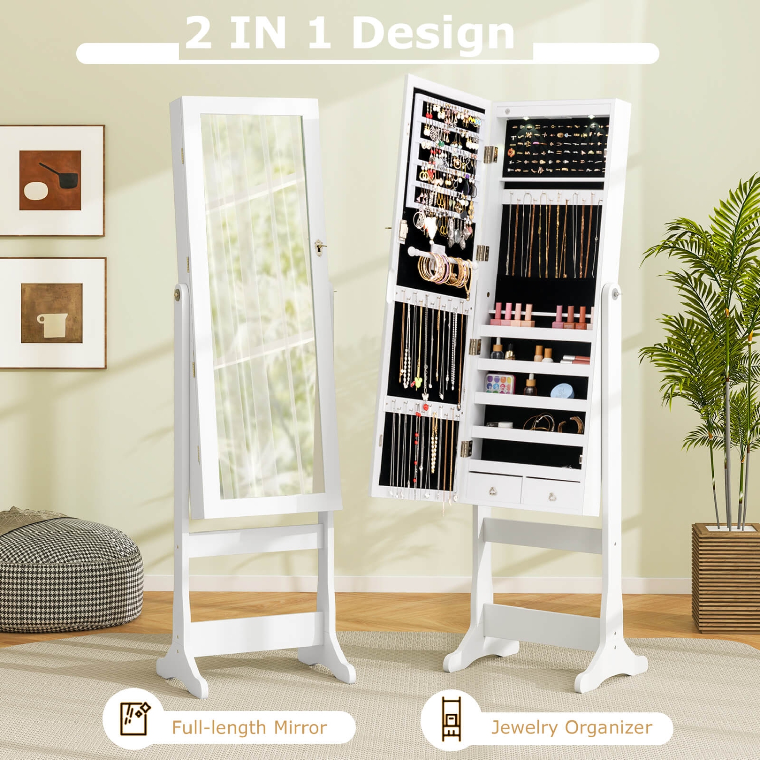 Costway Lockable Mirrored Jewelry Cabinet Armoire Organizer Storage with Stand & LED
