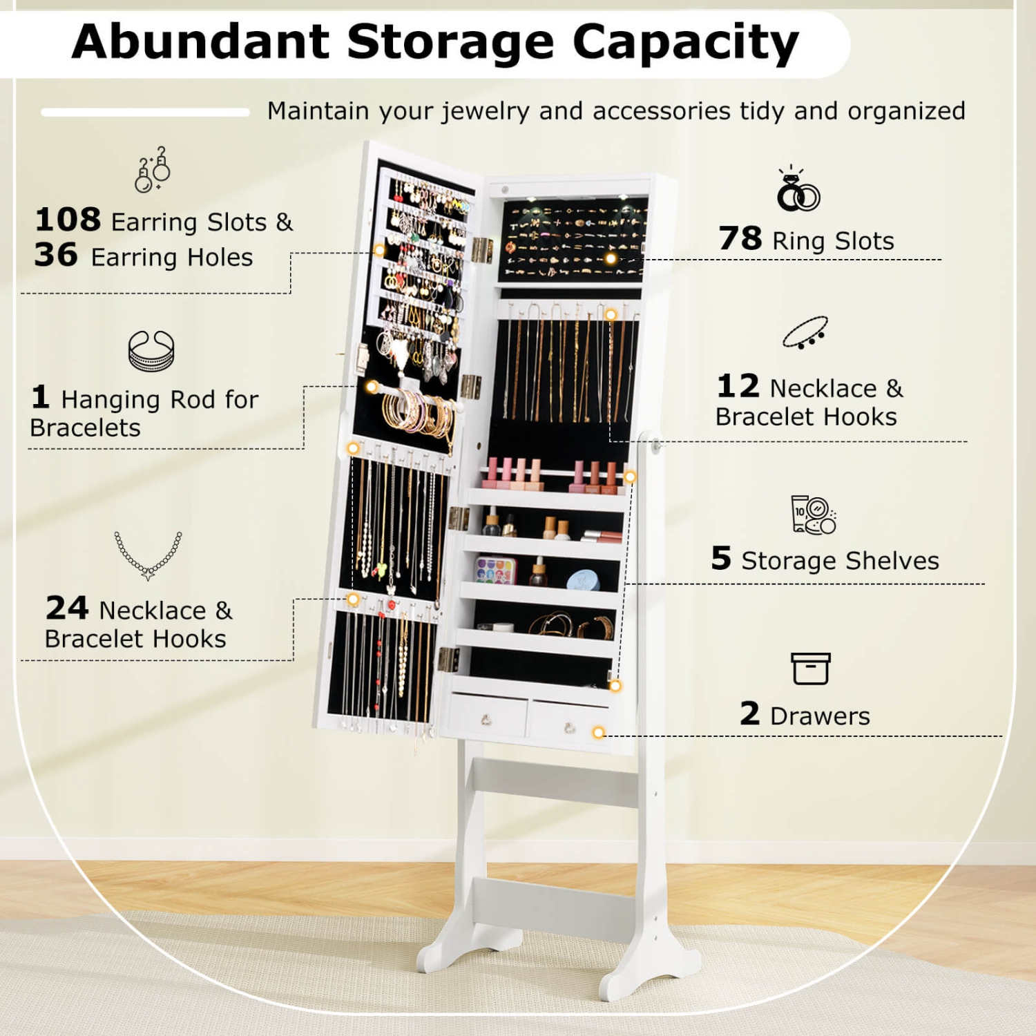 Costway Lockable Mirrored Jewelry Cabinet Armoire Organizer Storage with Stand & LED