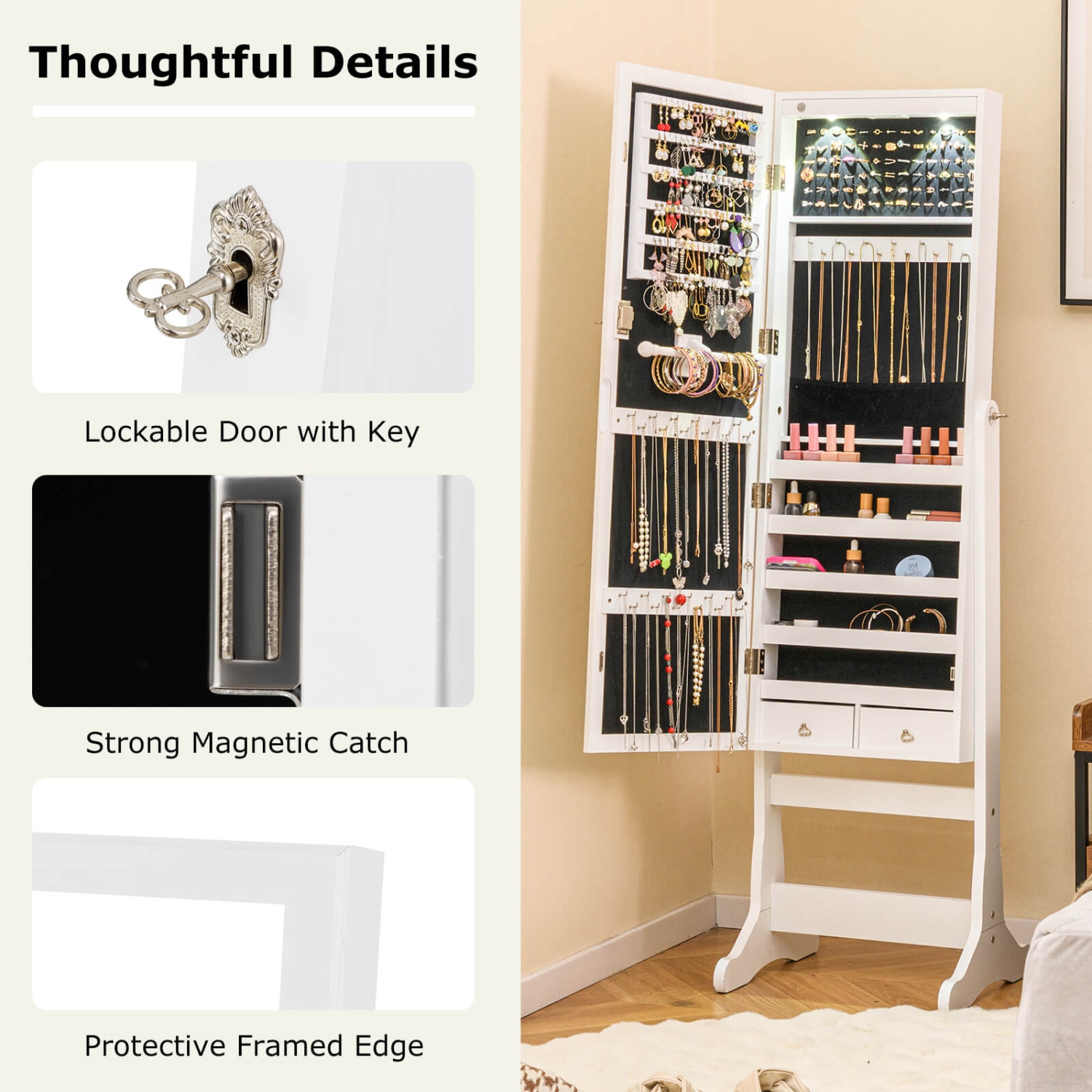 Costway Lockable Mirrored Jewelry Cabinet Armoire Organizer Storage with Stand & LED