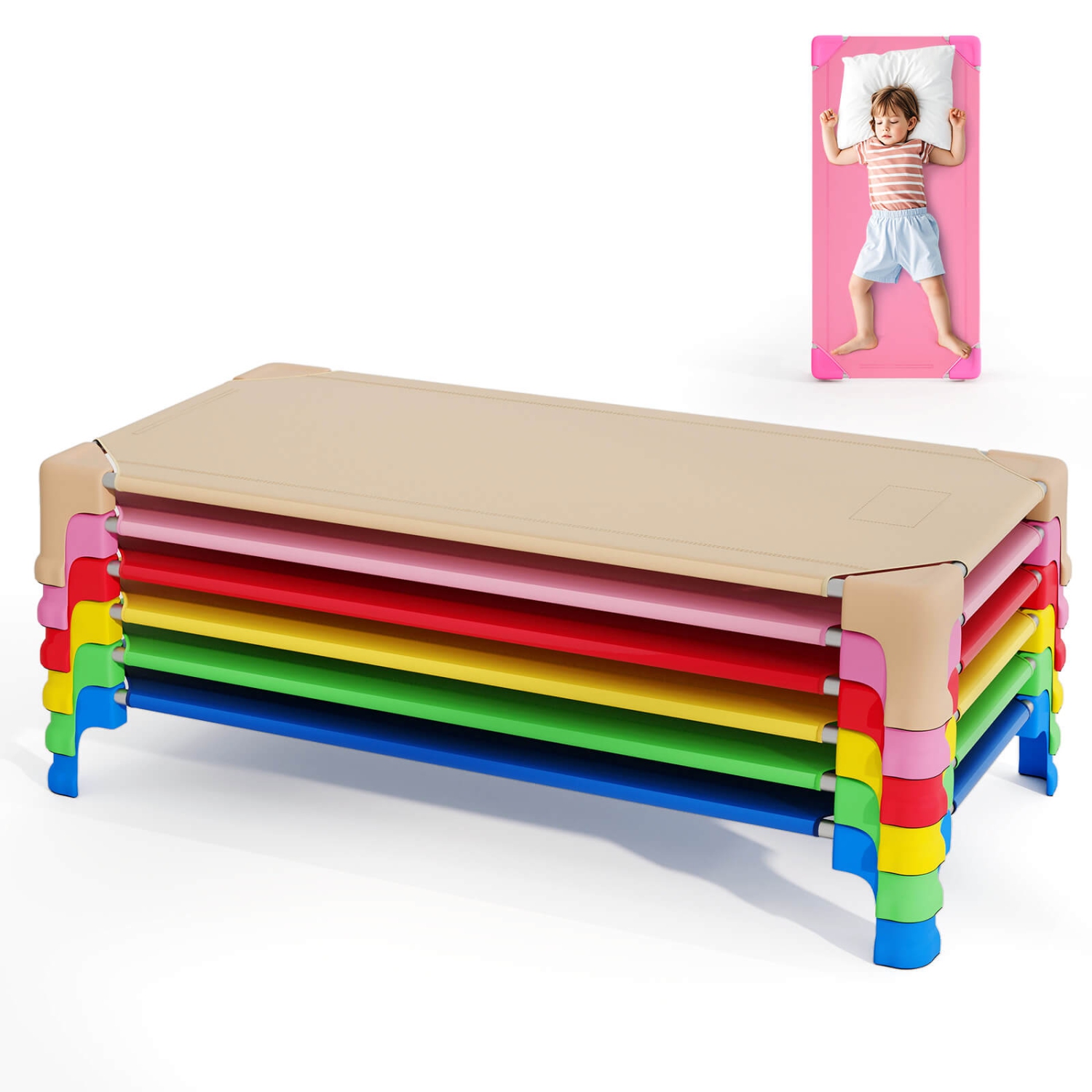 Costway 6 Pack Stackable Daycare Cots with Easy Lift Corners Heavy-Duty Metal Frame Kids