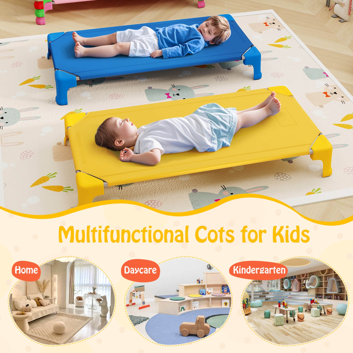 Costway 6 Pack Stackable Daycare Cots with Easy Lift Corners Heavy-Duty Metal Frame Kids