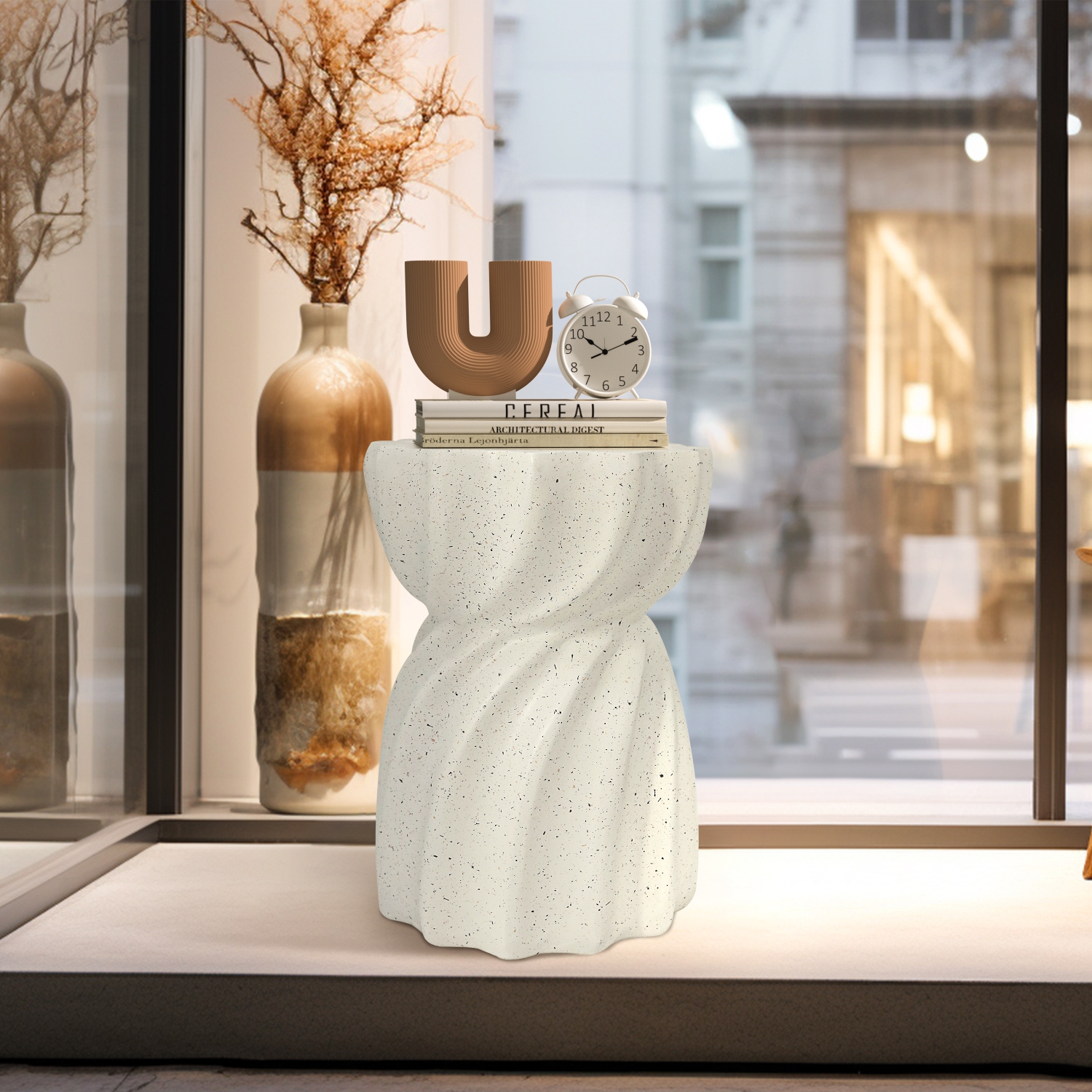 14 Inch Side Table Terrazzo Coffee Table Hourglass Magnesia Stool Stand Garden Furniture Lightweight Concrete End Table Accent Table for Outdoor