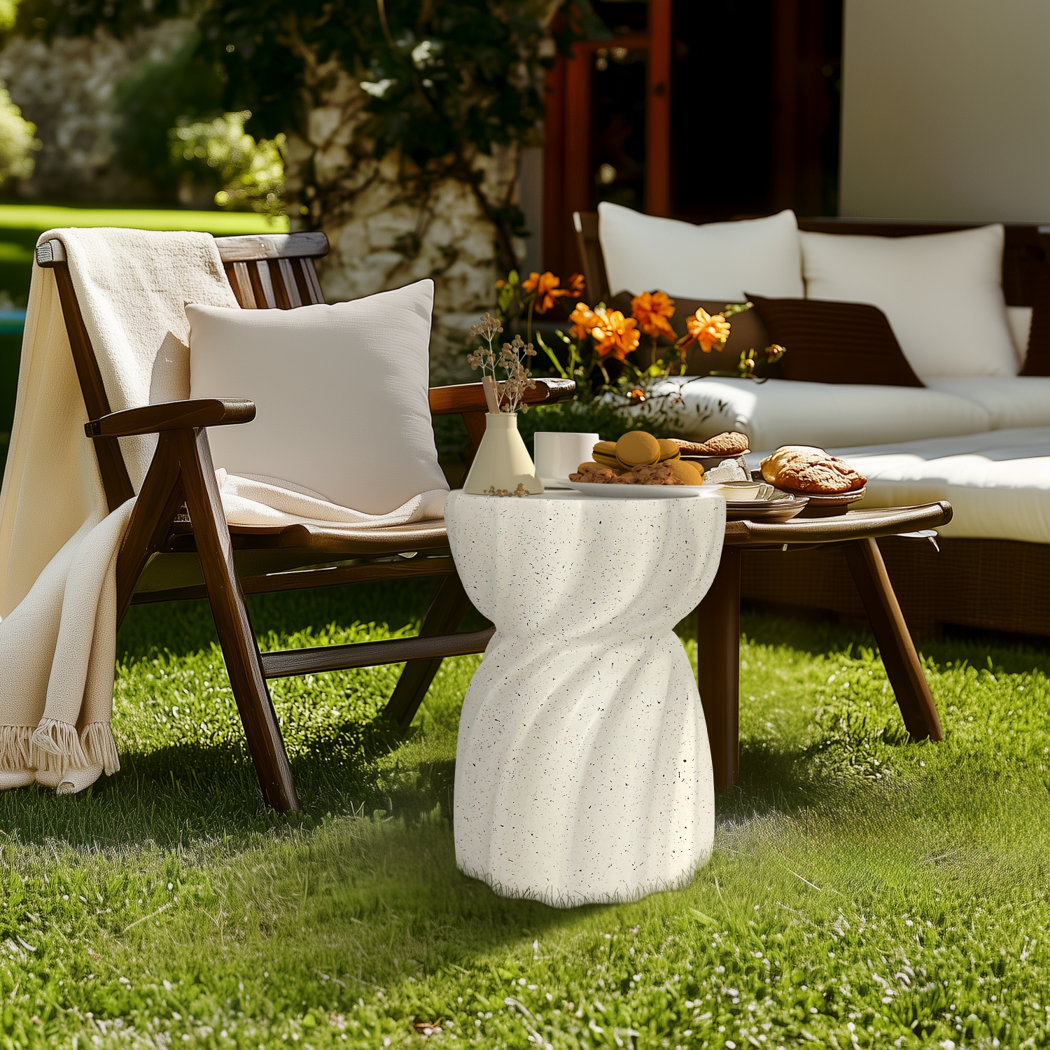 14 Inch Side Table Terrazzo Coffee Table Hourglass Magnesia Stool Stand Garden Furniture Lightweight Concrete End Table Accent Table for Outdoor