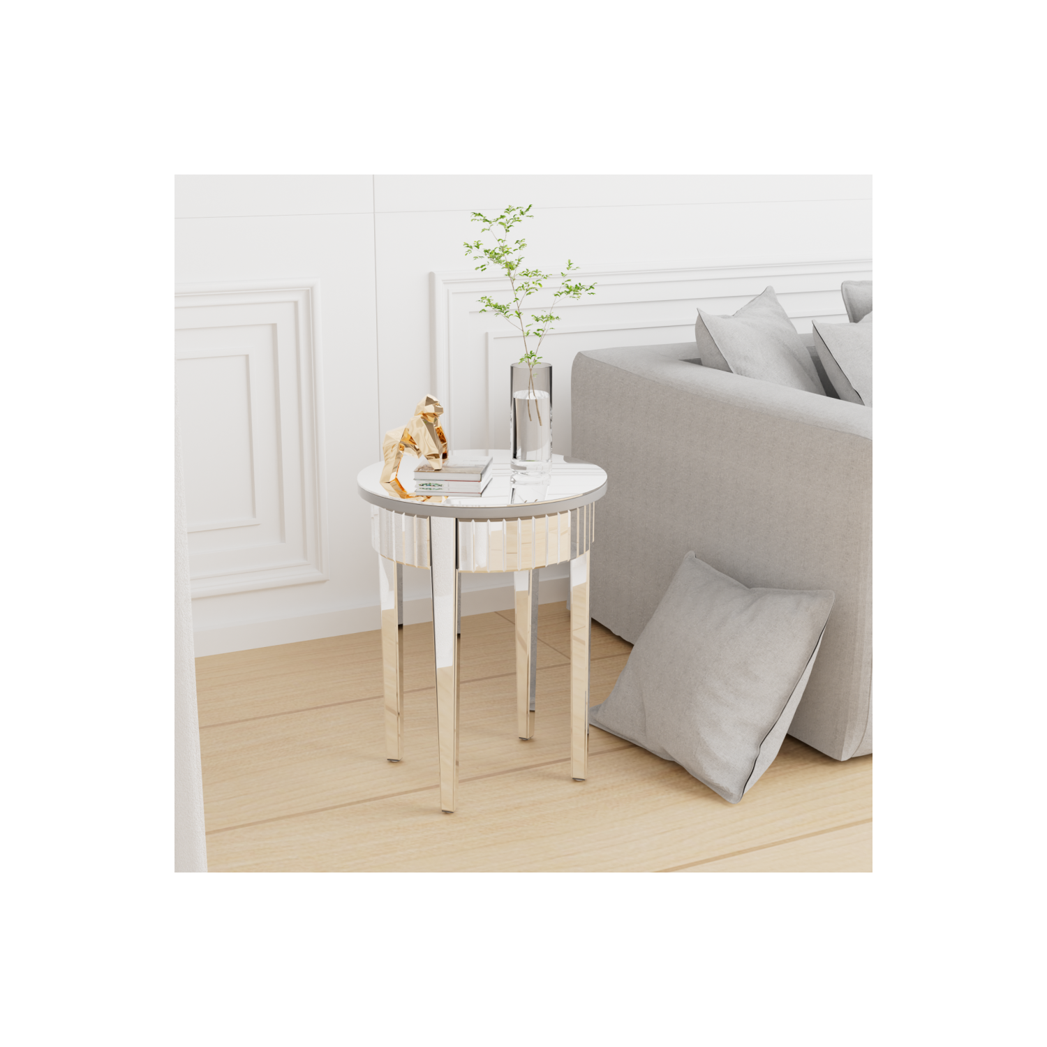 Modern Round Mirrored Side Table Silver Glass Mirror End Table Living Room Sofa Side Accent Table For Entryway Living Room Bedroom Sofa Couch Side