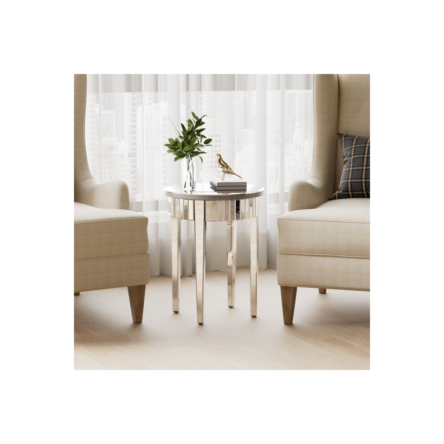 Modern Round Mirrored Side Table Silver Glass Mirror End Table Living Room Sofa Side Accent Table For Entryway Living Room Bedroom Sofa Couch Side