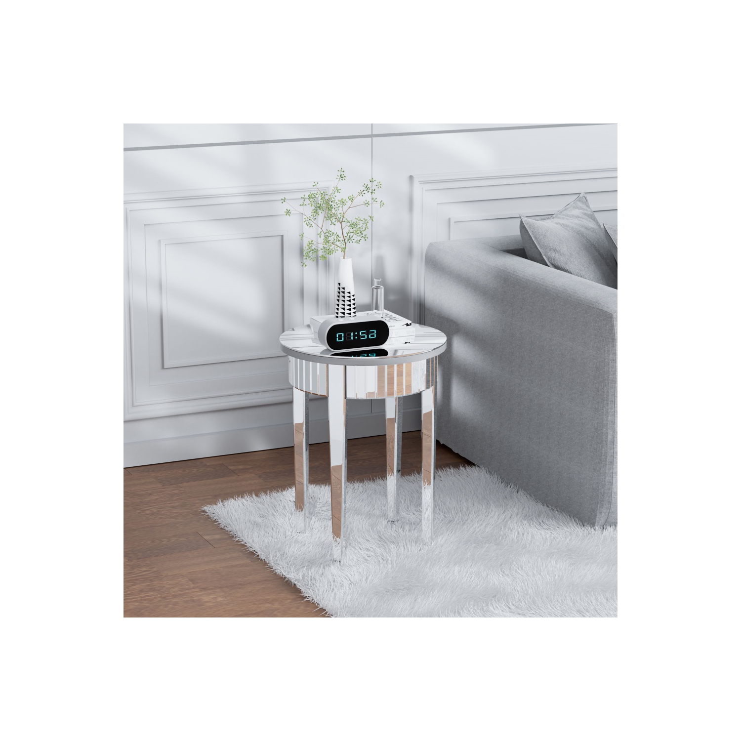 Modern Round Mirrored Side Table Silver Glass Mirror End Table Living Room Sofa Side Accent Table For Entryway Living Room Bedroom Sofa Couch Side