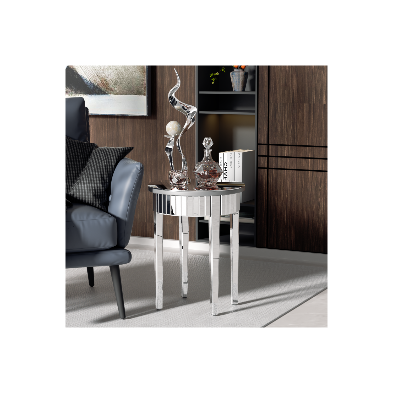 Modern Round Mirrored Side Table Silver Glass Mirror End Table Living Room Sofa Side Accent Table For Entryway Living Room Bedroom Sofa Couch Side