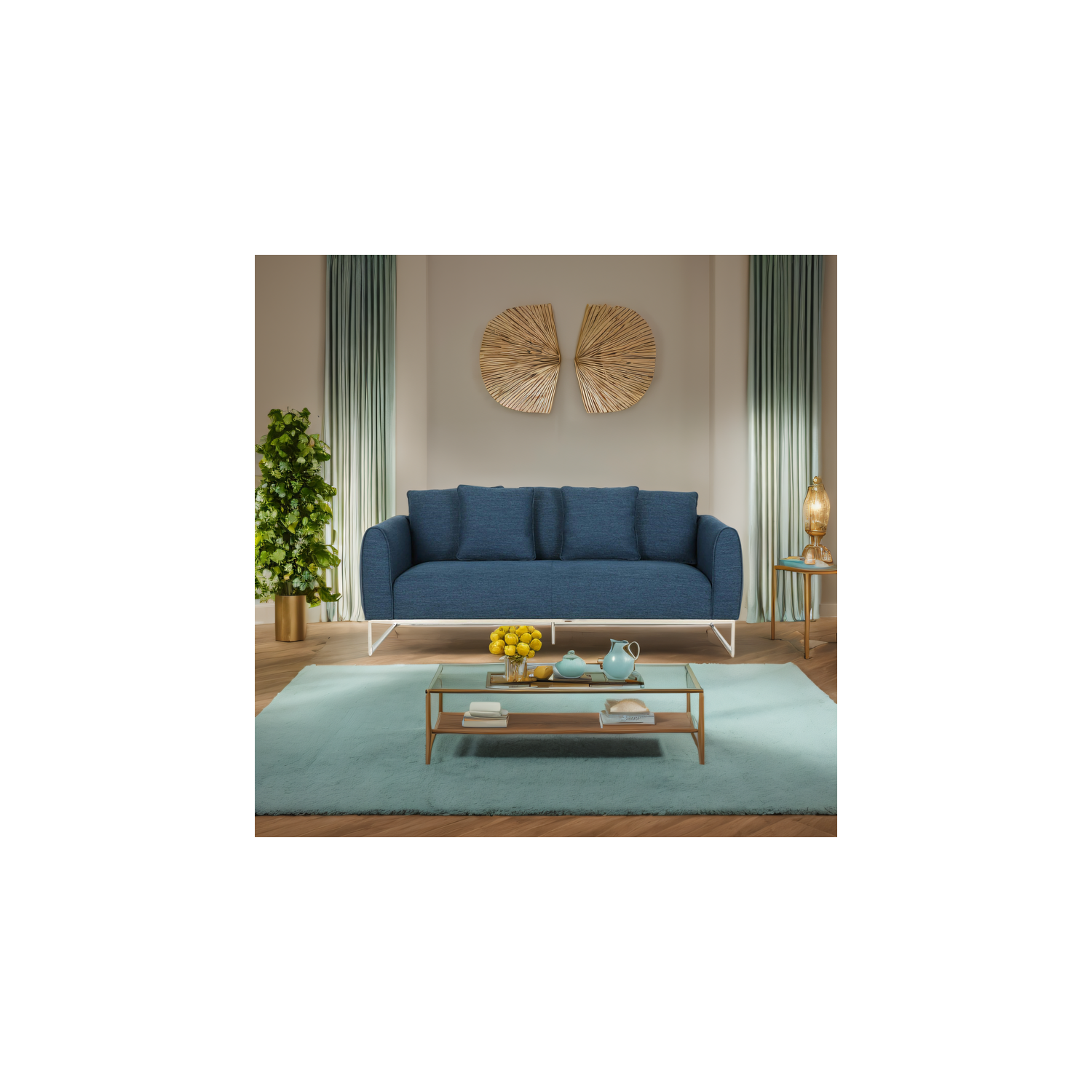 Canapé 2 places en tissu bleu marine, pattes argentées élégantes et revêtement ultradoux, 82,75&nbsp;po. Sièges très profonds pour un confort