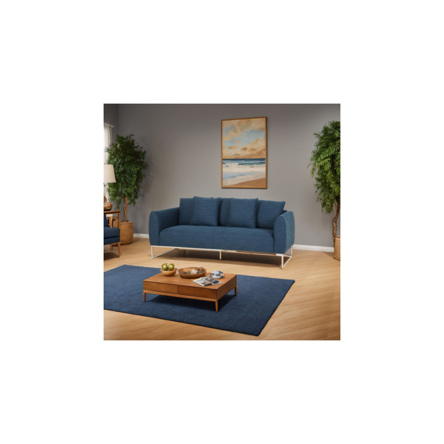 Canapé 2 places en tissu bleu marine, pattes argentées élégantes et revêtement ultradoux, 82,75&nbsp;po. Sièges très profonds pour un confort