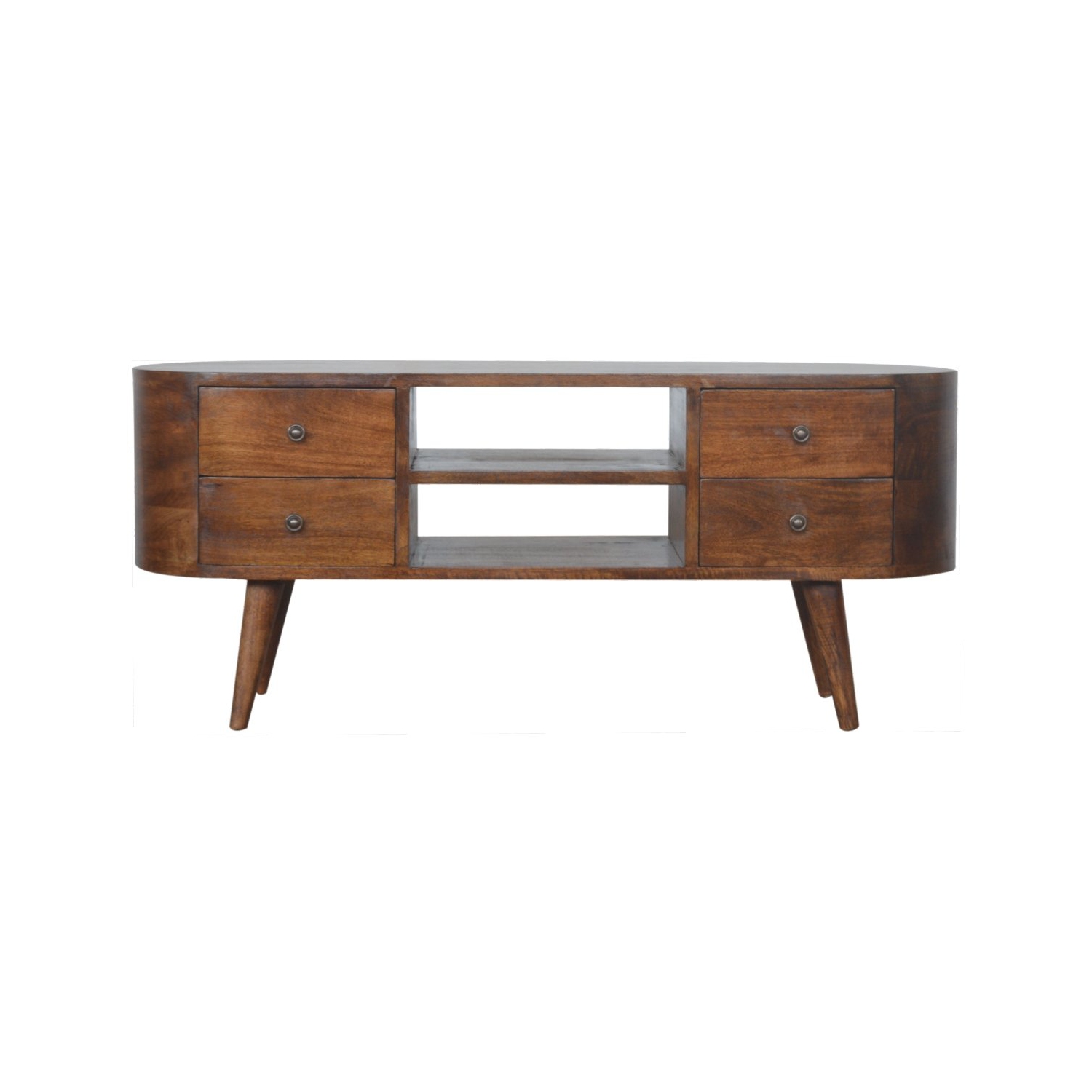 Meuble de divertissement en bois massif arrondi d'Artisan Furniture au fini marron