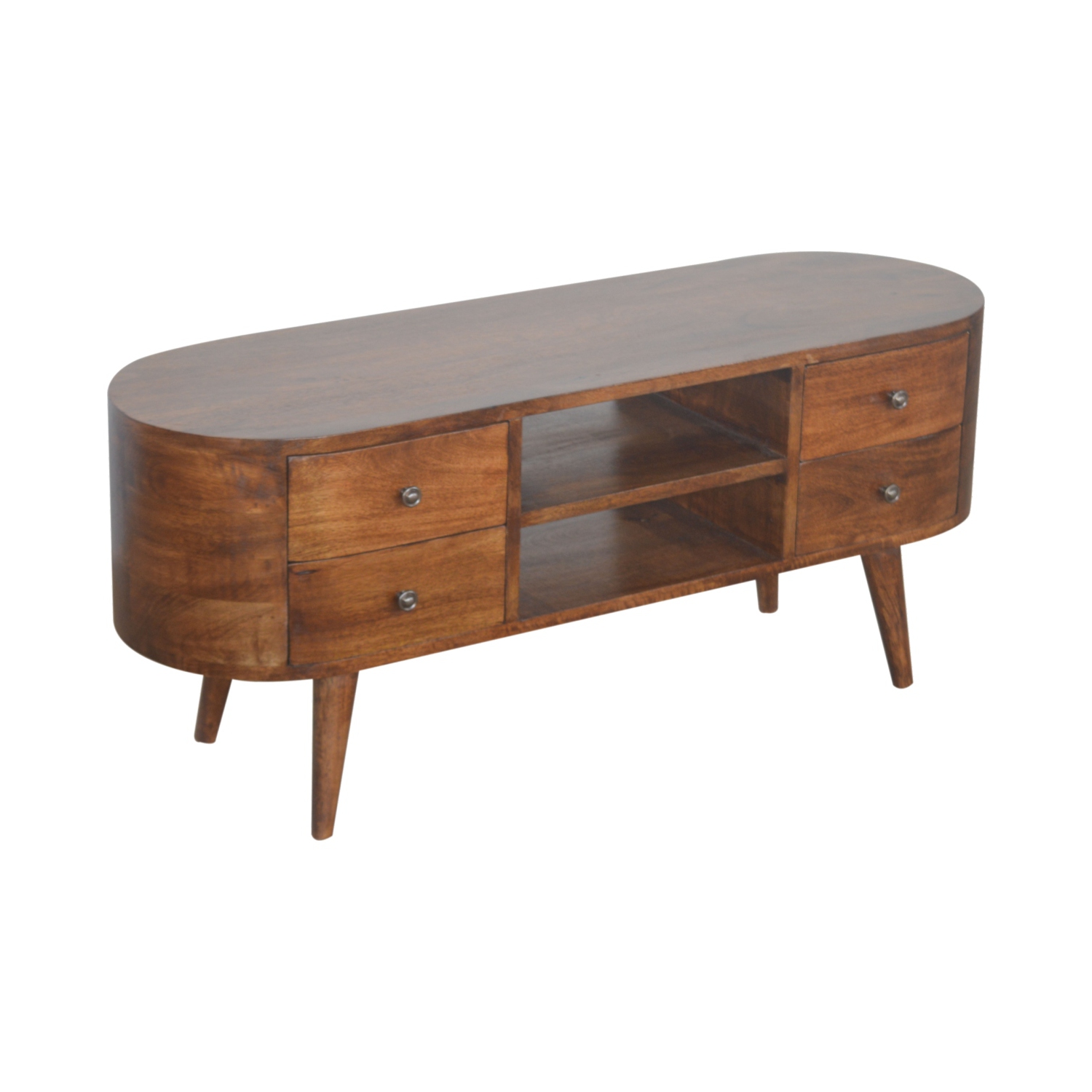 Meuble de divertissement en bois massif arrondi d'Artisan Furniture au fini marron