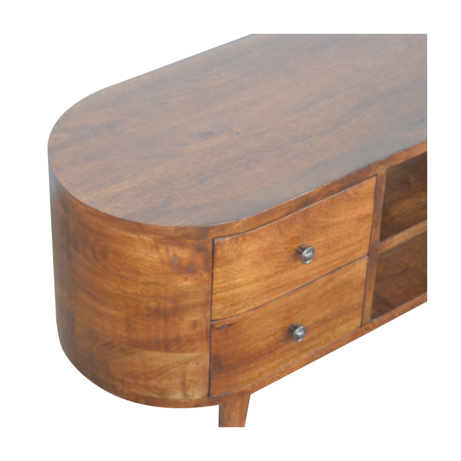 Meuble de divertissement en bois massif arrondi d'Artisan Furniture au fini marron