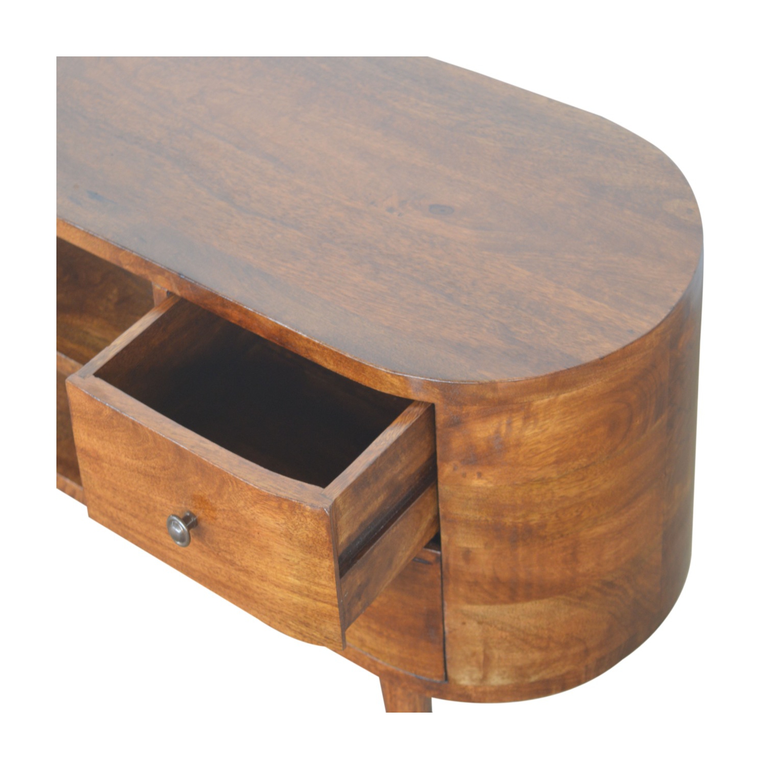 Meuble de divertissement en bois massif arrondi d'Artisan Furniture au fini marron