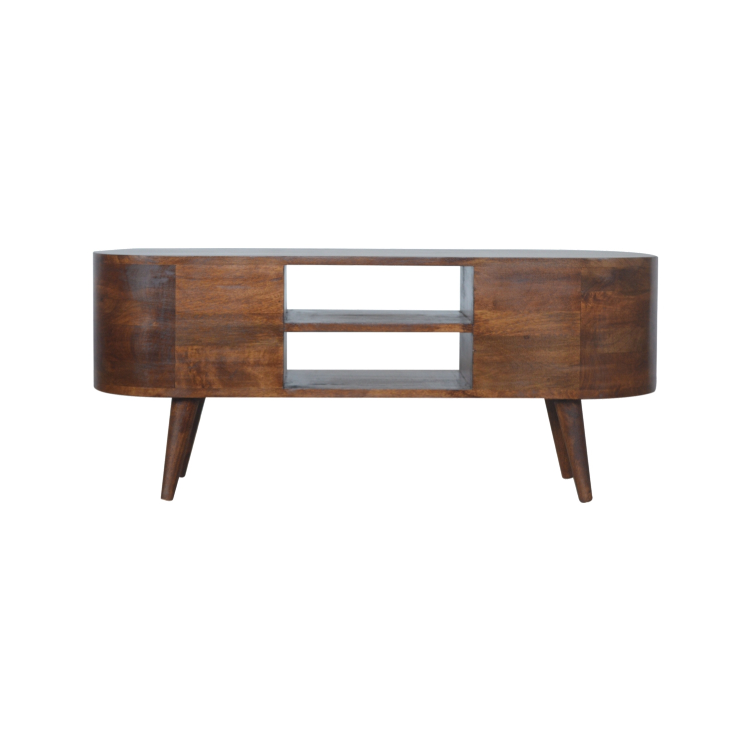 Meuble de divertissement en bois massif arrondi d'Artisan Furniture au fini marron