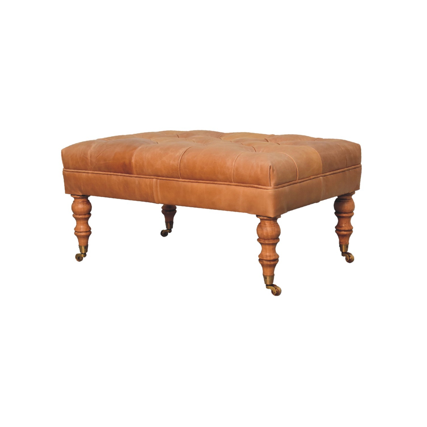 Artisan Furniture – Pouf en cuir havane Buffalo avec pattes de roulettes, fini noyer