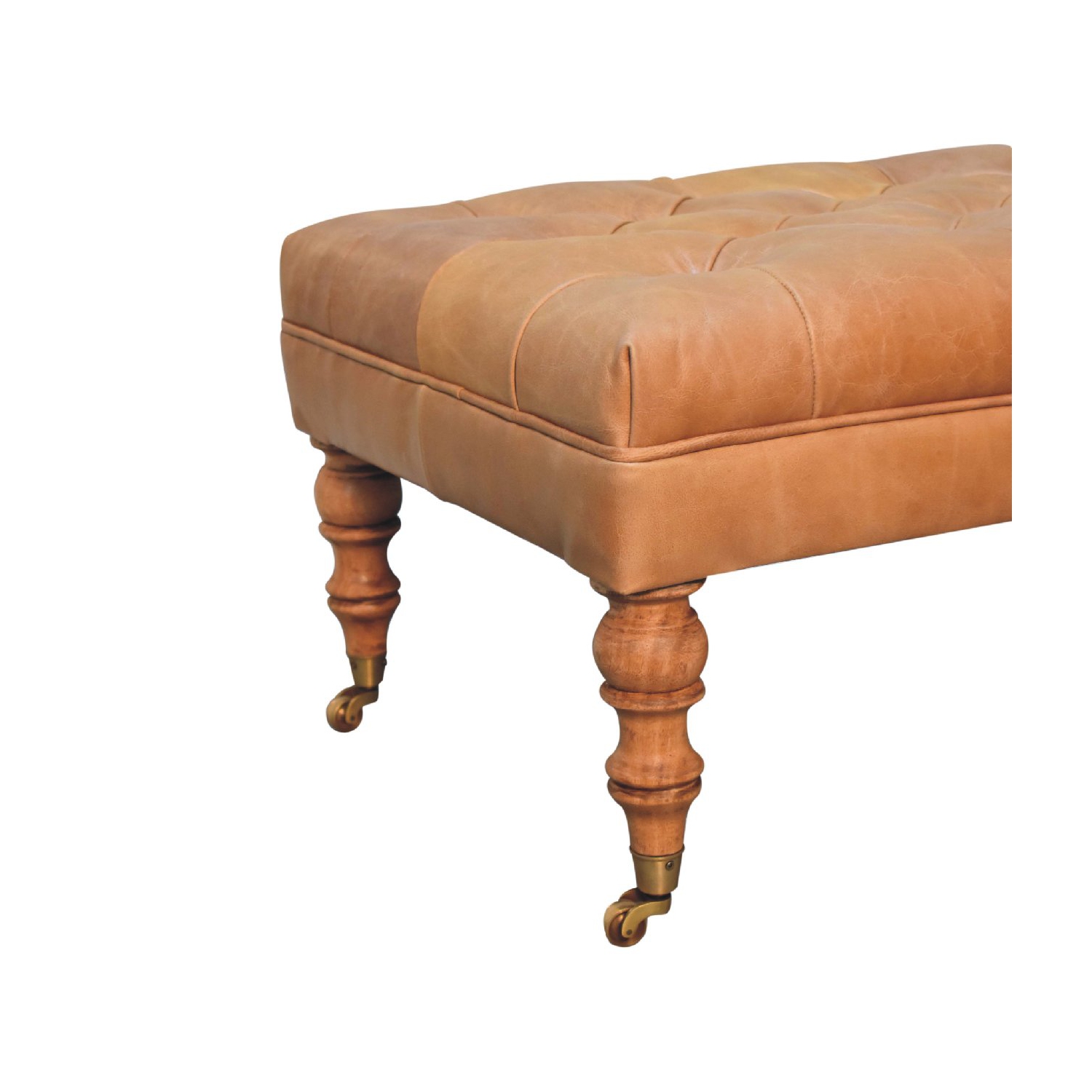 Artisan Furniture – Pouf en cuir havane Buffalo avec pattes de roulettes, fini noyer