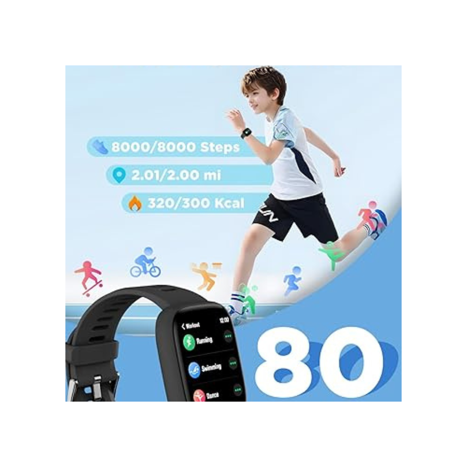 Smart Watch for Kids, 1.8" Fitness Tracker Watch Pedometer, Heart Rate, IP68 Waterproof, Sleep Monitor, Calorie Step Counter, 5 Puzzle Games